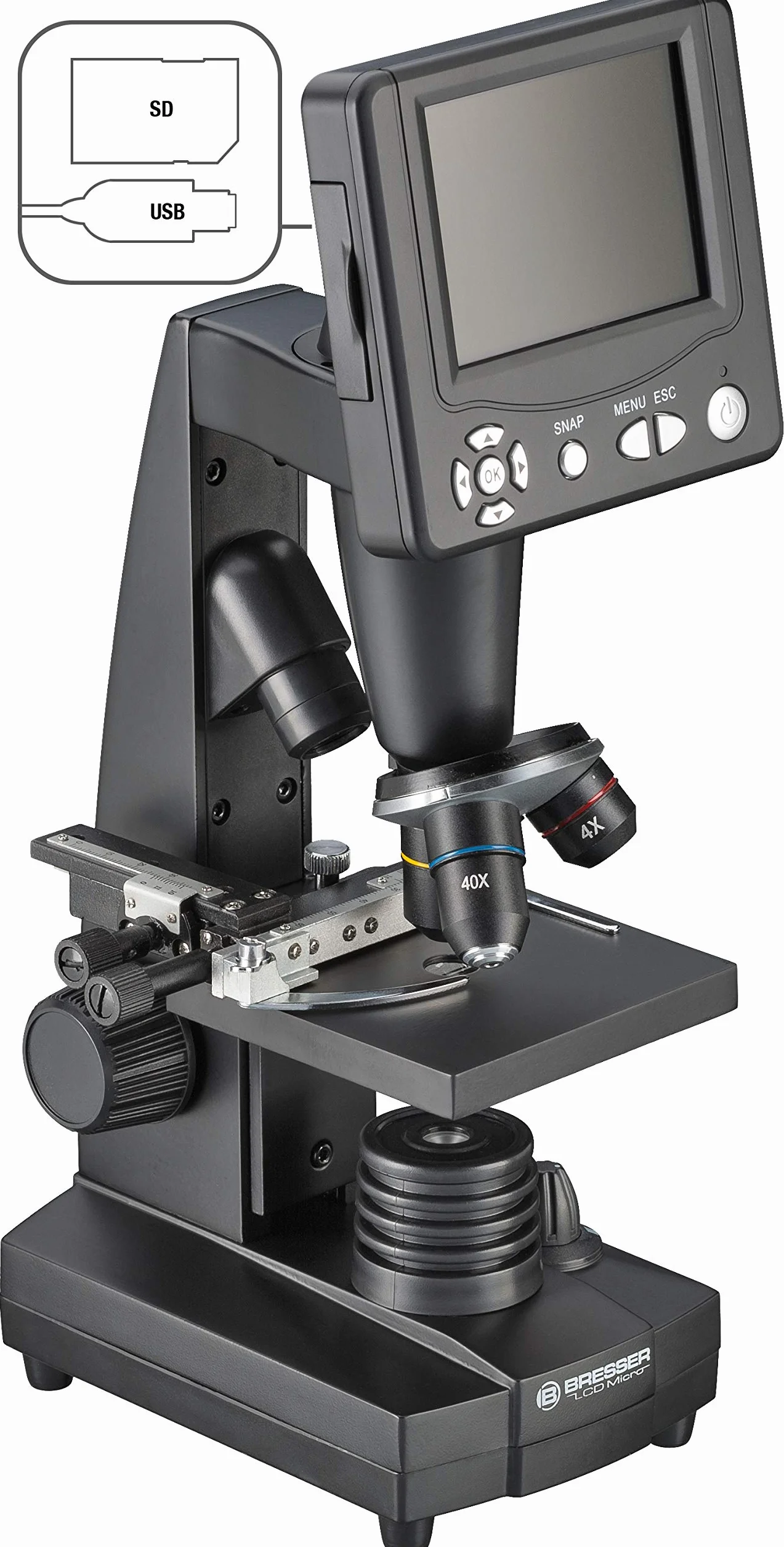 Bresser mikroskop LCD 50x-500x, (2000x cyfrowy), czujnik 5-megapikselowy i 8,9 cm (3,5"), w zestawie stolik krzyżowy do regulacji obiektu, złącze kart SD i liczne akcesoria