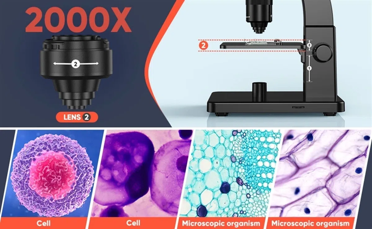 Mikroskop, Mikroskop cyfrowy 2000X 7 "IPS 12MP 1080P laboratoryjny mikroskop biologiczny kamera podwójny obiektyw z pilotem(32GB RC)