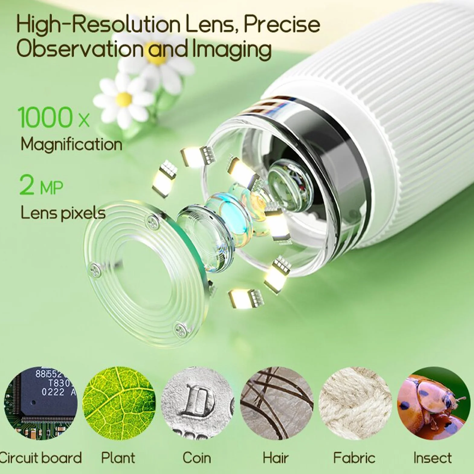 Przenośny Mikroskop Cyfrowy, Mikroskop Ręczny 1000X z 8 Regulowanymi Diodami LED, Ekran IPS o Przekątnej 2,0 Cala, Obrazowanie HD w Czasie Rzeczywistym, do Nauki (WHITE)