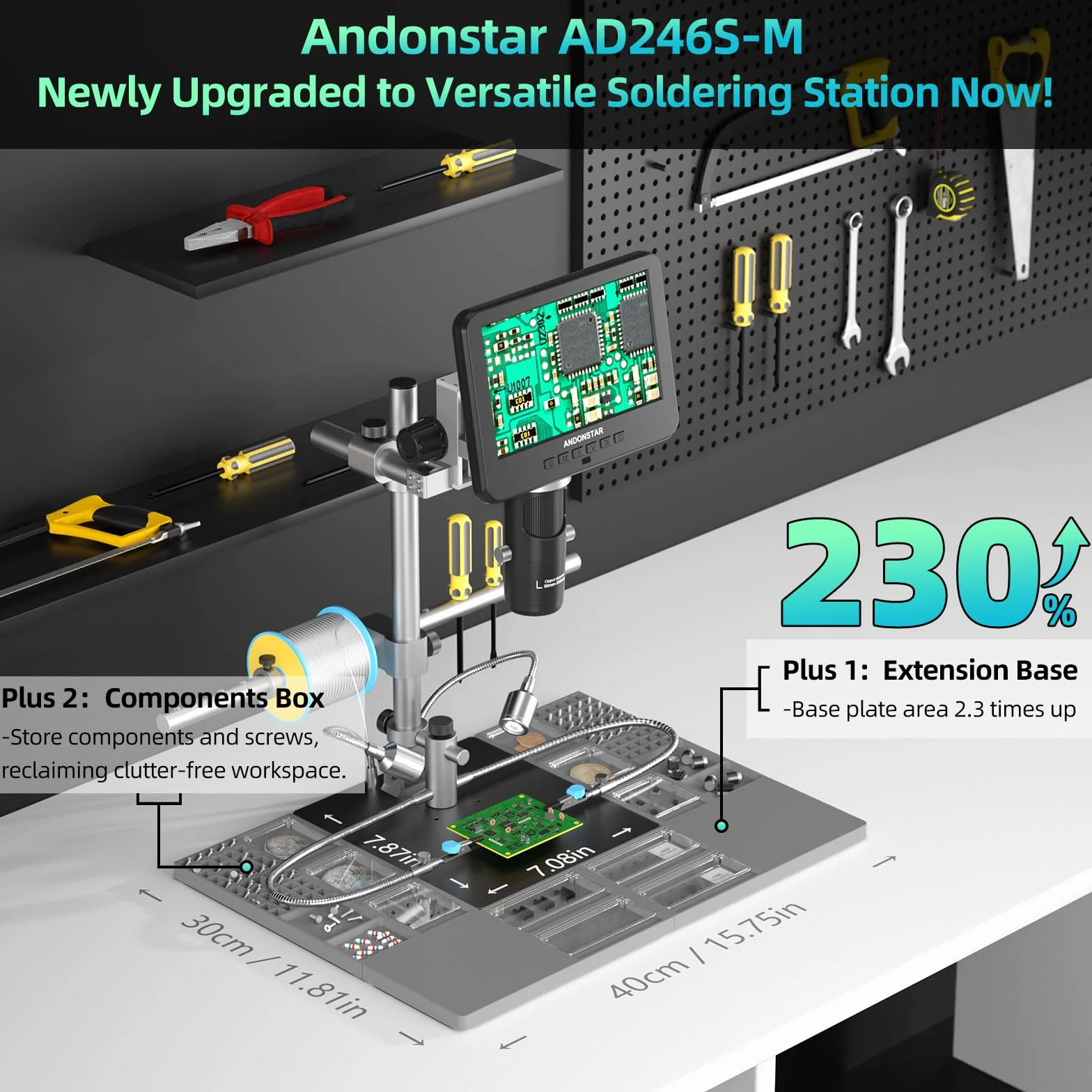 Andonstar AD246S-M Plus 7" HDMI Cyfrowy mikroskop do naprawy elektronicznej, 2000 x 3 soczewki 2160P UHD Video Record, stacja lutownicza z pomocnikami rąk, do monet