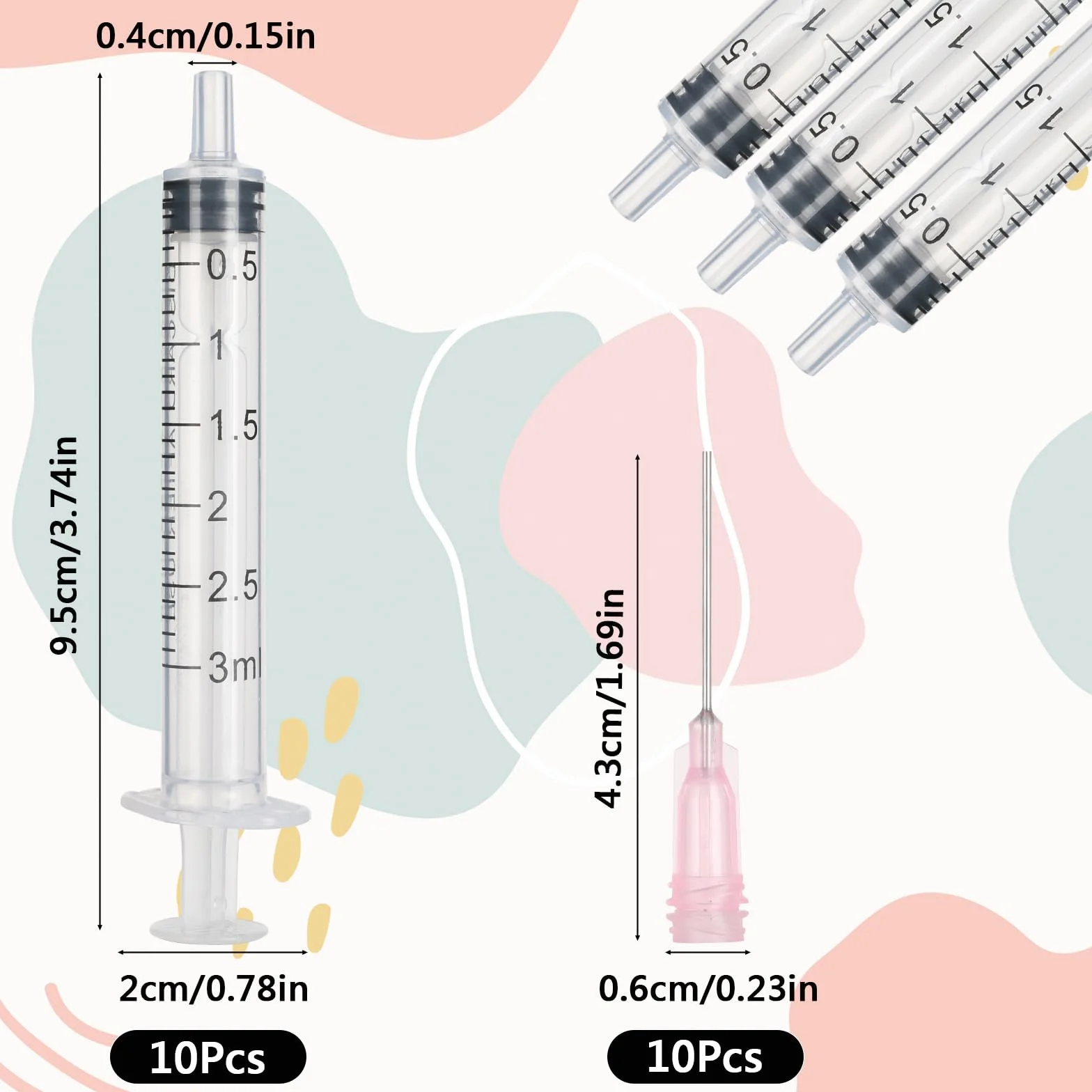 20 sztuk strzykawek siarowych o pojemności 3 ml z igłami, strzykawki z tworzywa sztucznego do laboratoryjnego nawadniania, napełniania i pomiaru