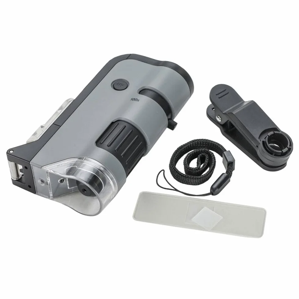 Kieszonkowy mikroskop Carson MicroFlip 100-250x LED UV o dużej mocy, z adapterem do smartfona i klipsem do digiscopingu - STEM Education (MP-250)