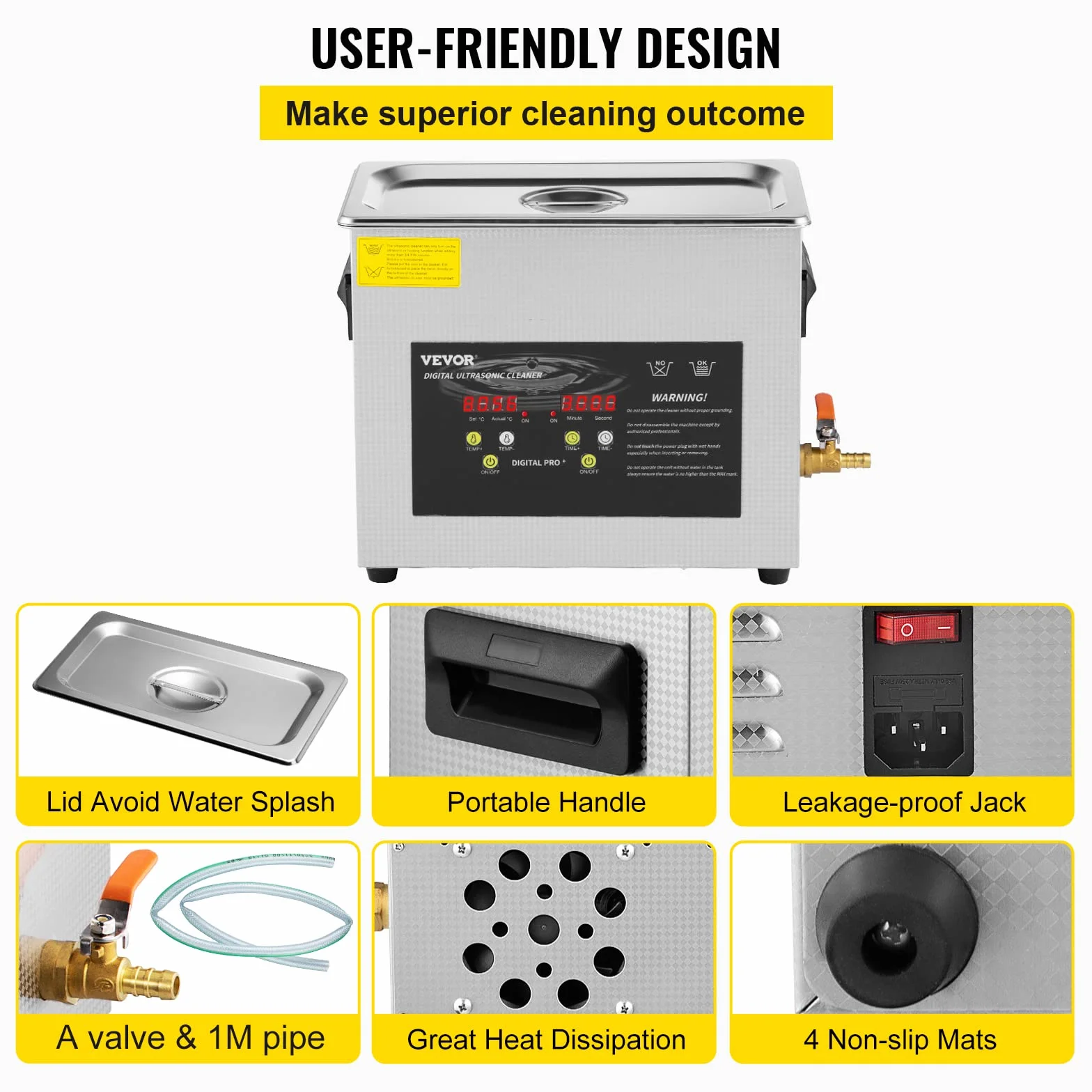 VEVOR Ulepszony środek czyszczący ultradźwiękowy 6 l (grzejnik ultradźwiękowy 200 W 180 W) Cyfrowy laboratoryjny ultradźwiękowy odkurzacz części z zegarem do czyszczenia narzędzi jubilerskich