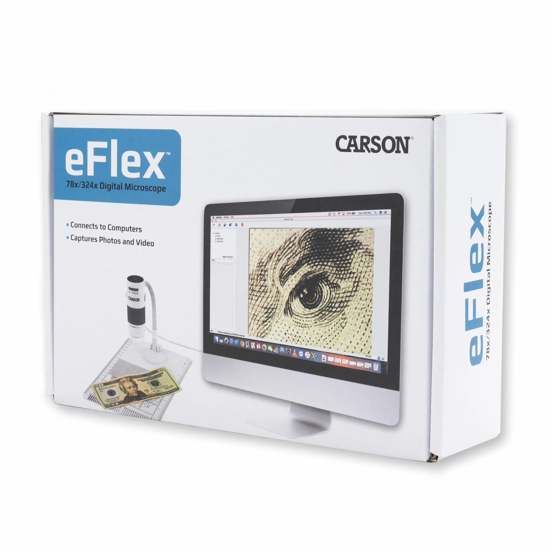 Carson MM-840 eFlex LED cyfrowy mikroskop USB z elastyczną podstawką i podstawą 75x/300x (oparty na monitorze 21″)