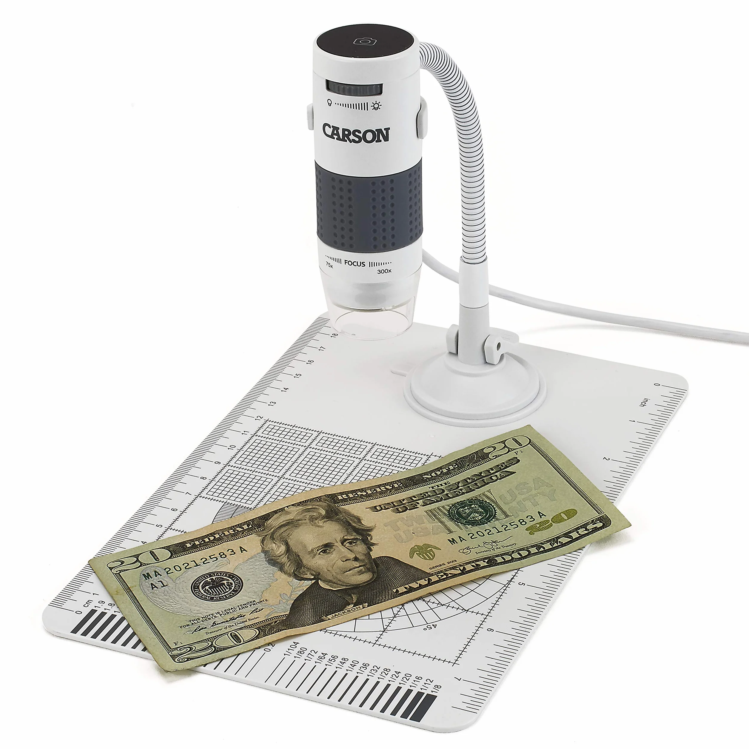 Carson MM-840 eFlex LED cyfrowy mikroskop USB z elastyczną podstawką i podstawą 75x/300x (oparty na monitorze 21″)