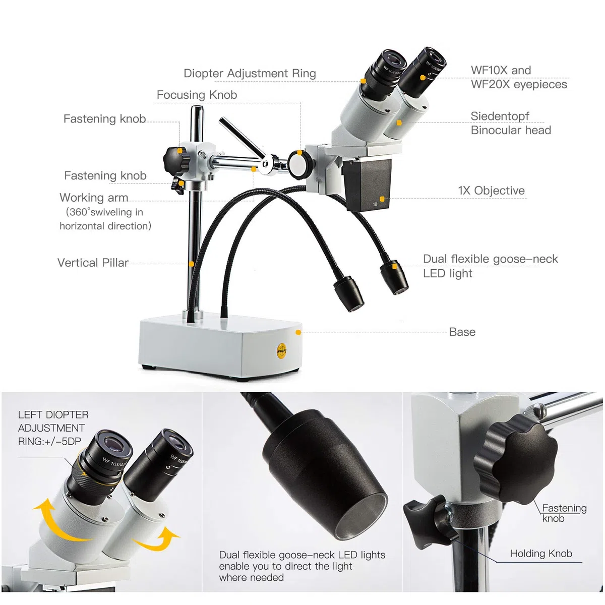 SWIFT S41 – 20 UK-PLUG profesjonalna lornetka stereo, 10 x 20 x, ramię szubienicy z dwufunkcyjnym światłem LED typu łabędzia szyja, WF10 x WF20 x okulary, 1 x obiektyw.