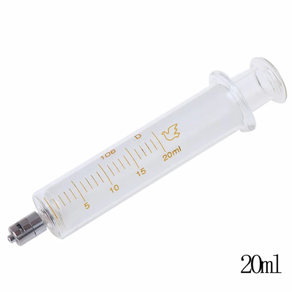 2 sztuki szklanych strzykawek z nakrętkami, 20 ml Luer Lock szklana strzykawka wielokrotnego użytku, metalowy Luer Lock kaliber wtryskiwacz laboratoryjny do laboratorium