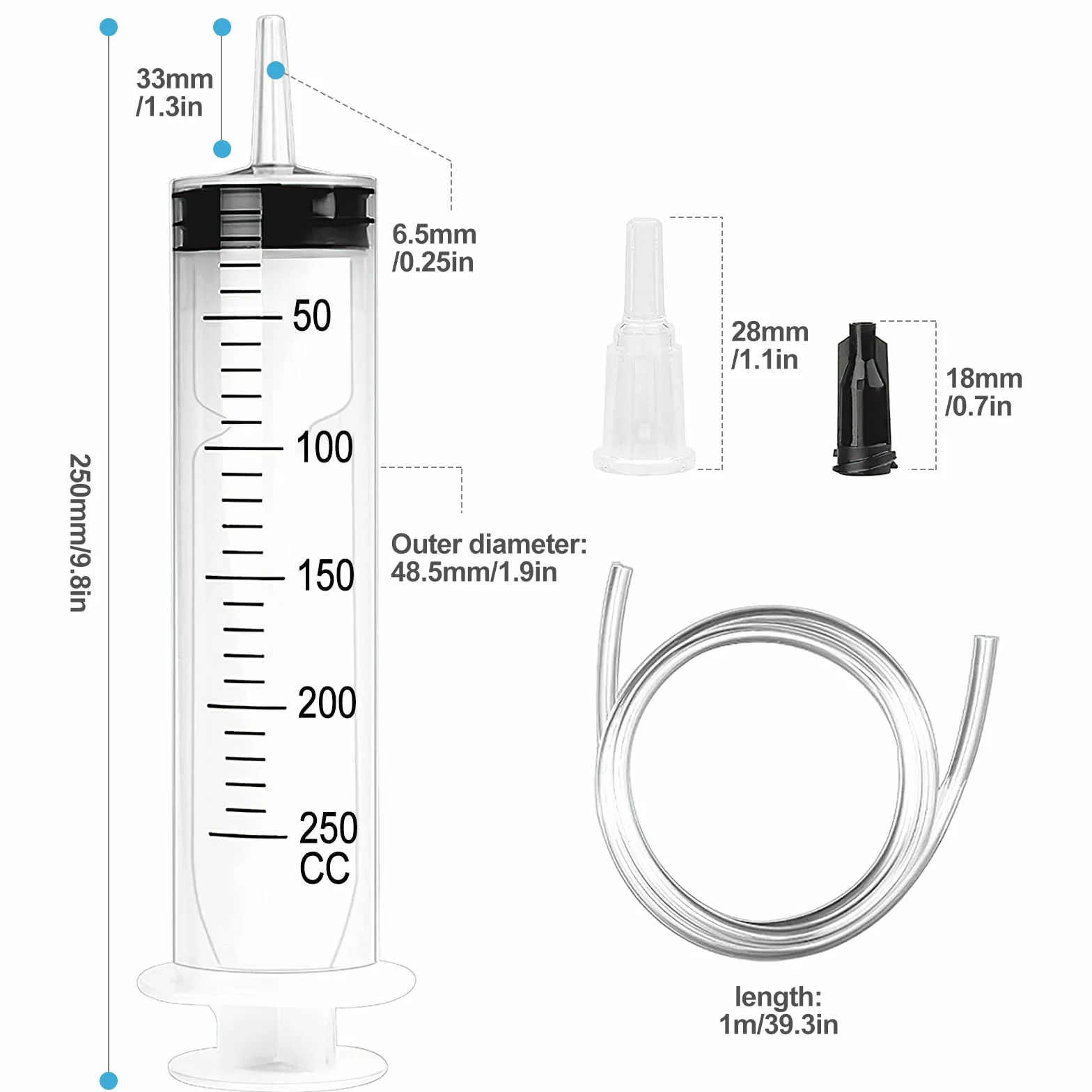 Duża strzykawka 250 ml, plastikowa strzykawka, wielokrotnego użytku, z wężem i zatyczką, wąż do koparki, do laboratorium, przemysłu, ogrodu i karmienia zwierząt domowych