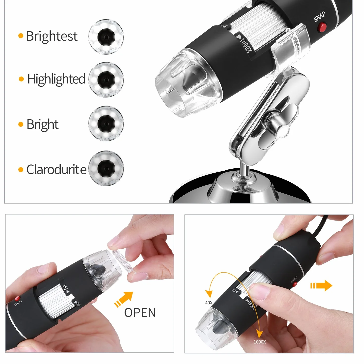 Jiusion Oryginalny mikroskop USB 40-1000X, z przenośną torbą, cyfrowe powiększenie, 8 diod LED, metalowa podstawa do Micro USB typu C, do systemów Android, Windows, Mac, Linux i Chrome