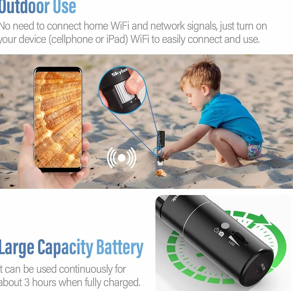 Bezprzewodowy mikroskop cyfrowy Skybasic 50X-1000X WiFi ręczny zoom powiększający 1080P FHD 2.0 MP 8 LED kompatybilny ze smartfonami i tabletami Android i iOS Windows Mac