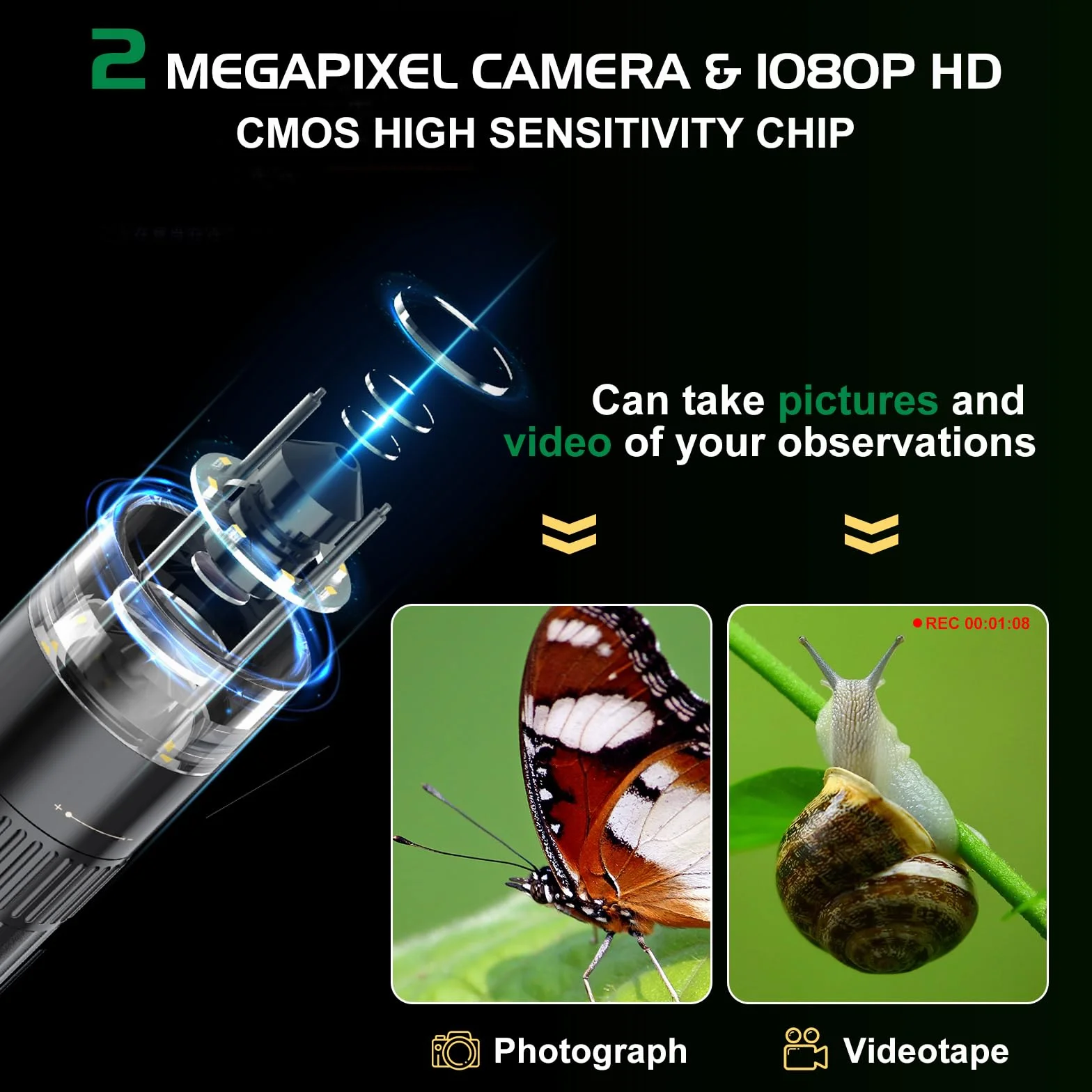 WADEO Mikroskop cyfrowy WADEO WiFi USB, 1080P HD 50-1000X Mikroskop ręczny z 2 kamerami MEGAPIXEL i 8 diodami LED, kompatybilny z iPhone, iPad, Android, Mac, Windows