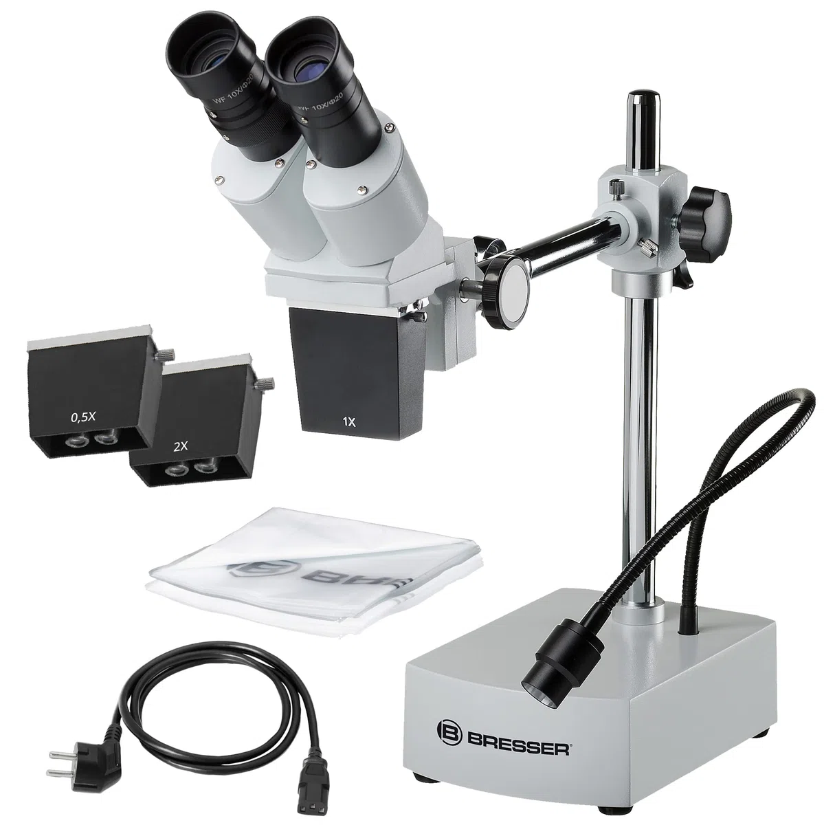 Bresser Mikroskop Biorit ICD-CS 5x-20x podświetlany mikroskop stereo z 3 wymiennymi obiektywami, LED i odległość robocza 230 mm, biały