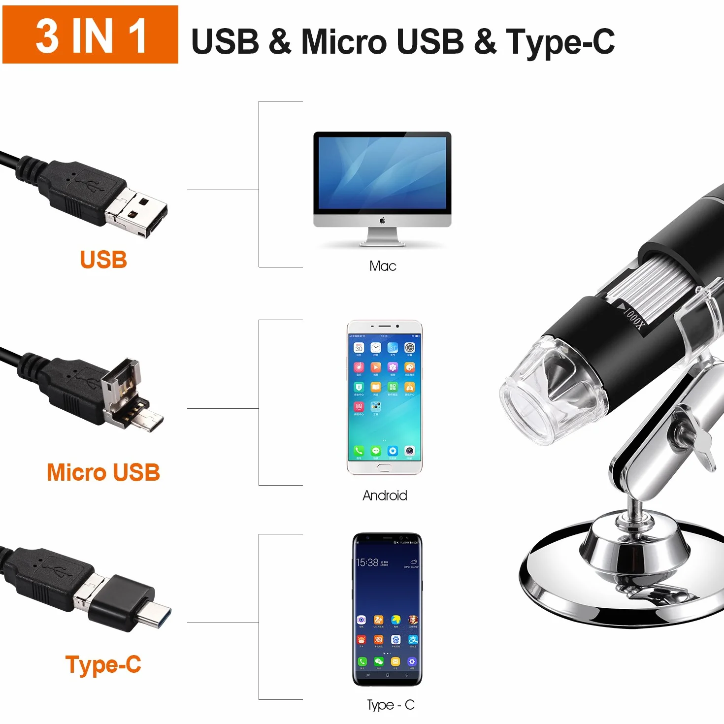 cyfrowy mikroskop USB, ręczny endoskop z powiększeniem 40X-1000X, 8 LED mini kamera wideo do Windows 7/8/10 Mac Linux Android (z OTG)