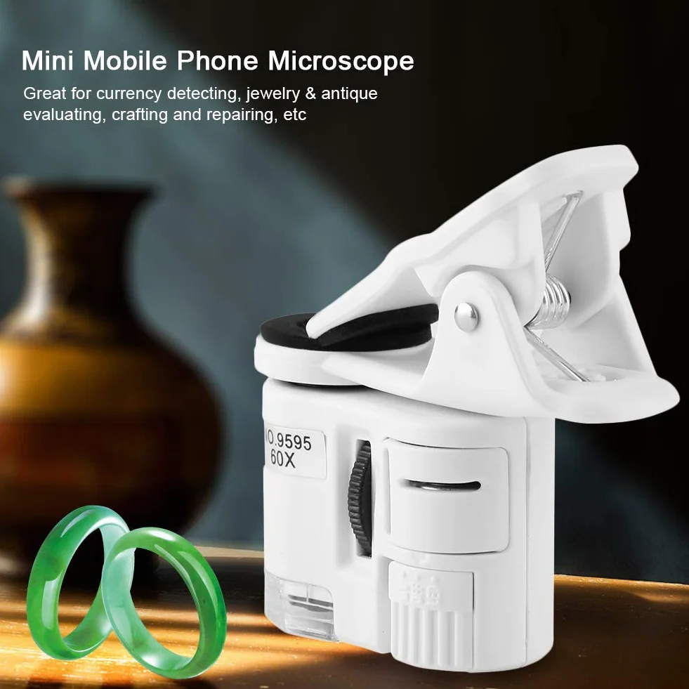 Mikroskop na telefon komórkowy z klipsem, światło UV, mini klips do telefonu komórkowego 9595 W, 60 x mini mikroskop do wykrywania walut, biżuterii i oceny antyków