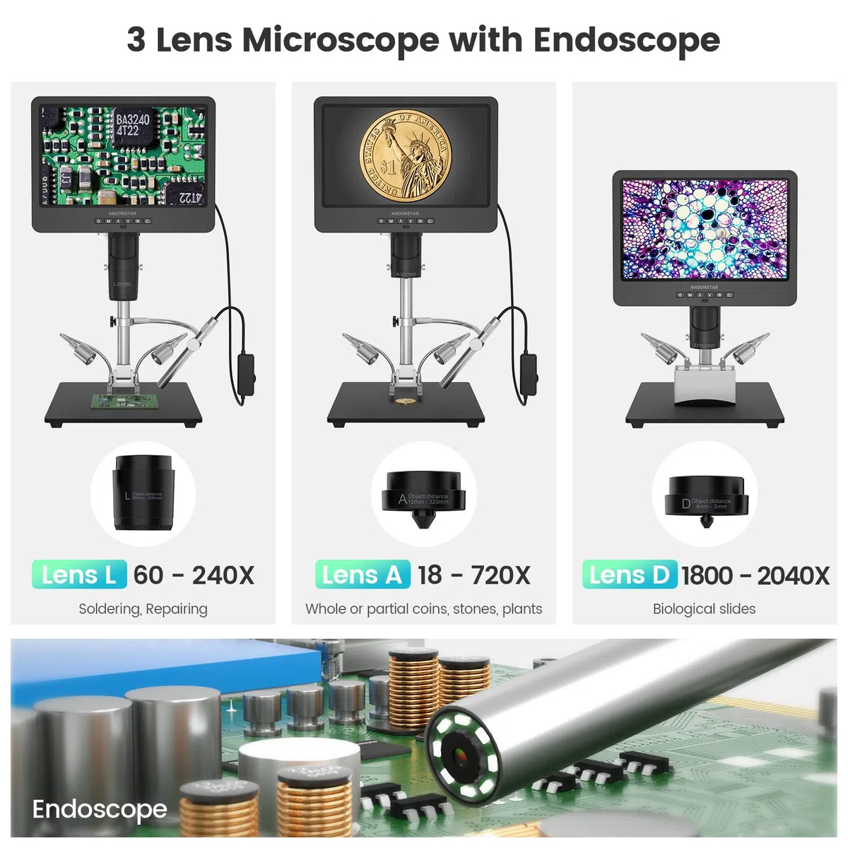 Andonstar AD249S-M 3-obiektywowy mikroskop cyfrowy HDMI z endoskopem, nagrywanie wideo 2160P UHD, wyświetlacz LCD 10,1 cala, mikroskop biologiczny do lutowania i monet, kompatybilny z systemem Windows