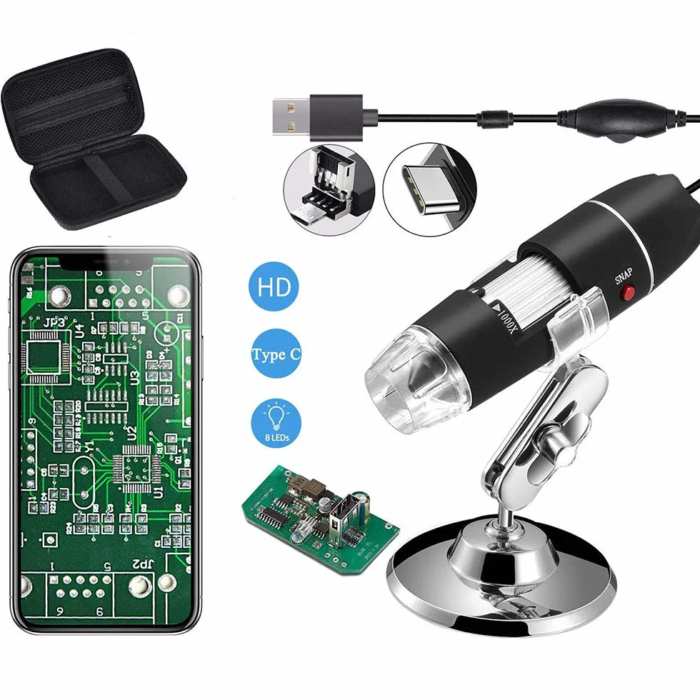 Jiusion Oryginalny mikroskop USB 40-1000X, z przenośną torbą, cyfrowe powiększenie, 8 diod LED, metalowa podstawa do Micro USB typu C, do systemów Android, Windows, Mac, Linux i Chrome