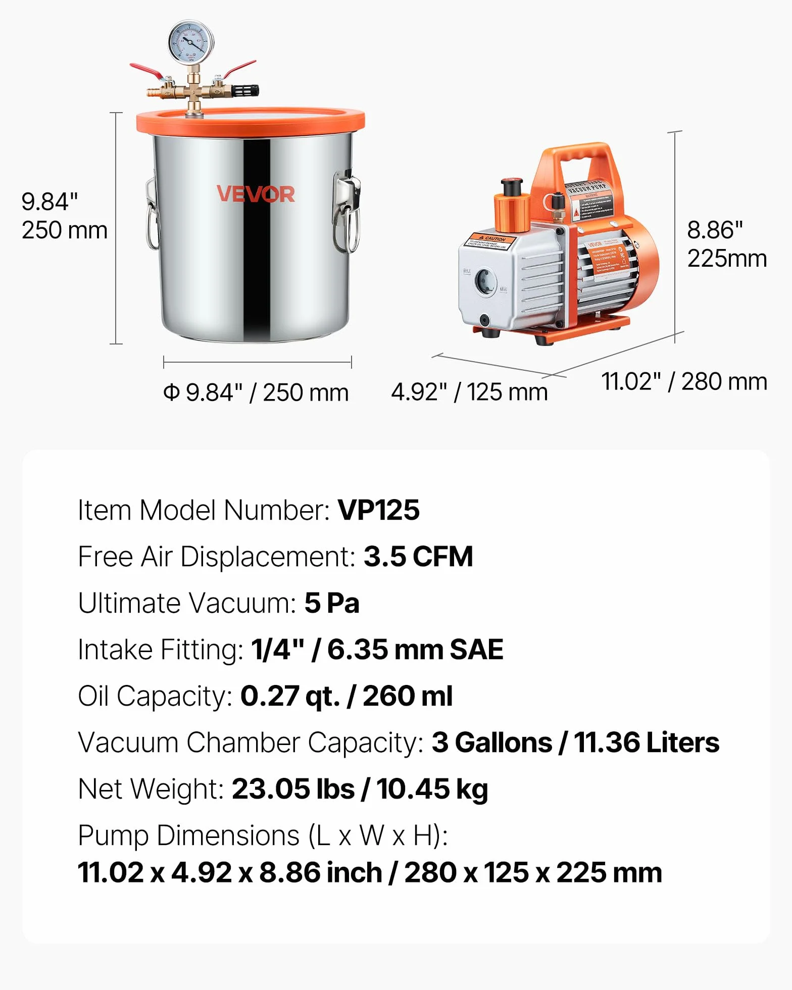 VEVOR Zestaw pompy próżniowej 110 l/min, zestaw komory odgazowującej 11,36 l, jednostopniowa pompa próżniowa, pokrywa ze szkła hartowanego, rura 1,5 m, do stabilizacji żywicy silikonowej do