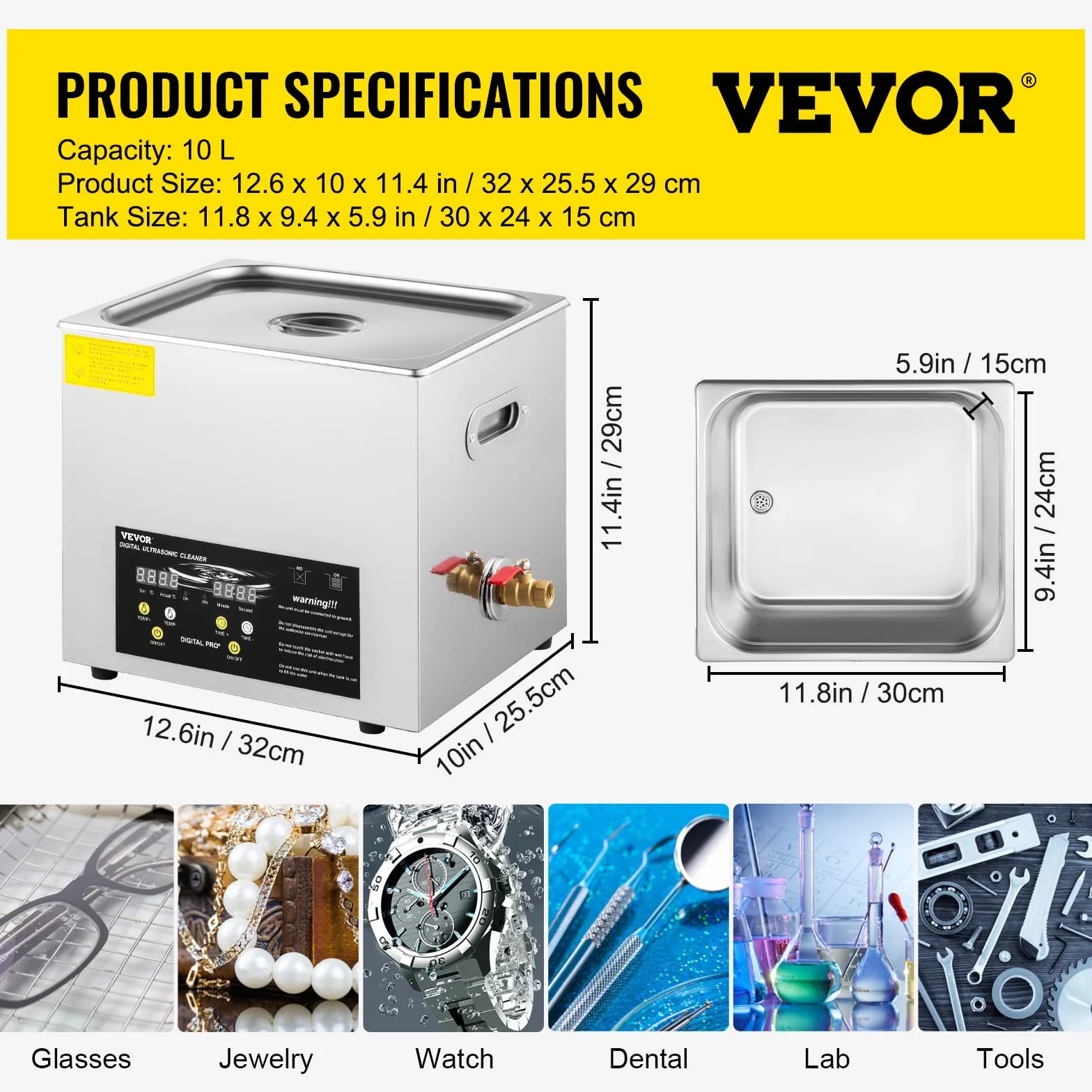 VEVOR Ulepszona myjka ultradźwiękowa 10 l (grzejnik ultradźwiękowy 400 W 240 W) Cyfrowy laboratoryjny myjka ultradźwiękowa z zegarem nagrzewnicy do czyszczenia części instrumentów