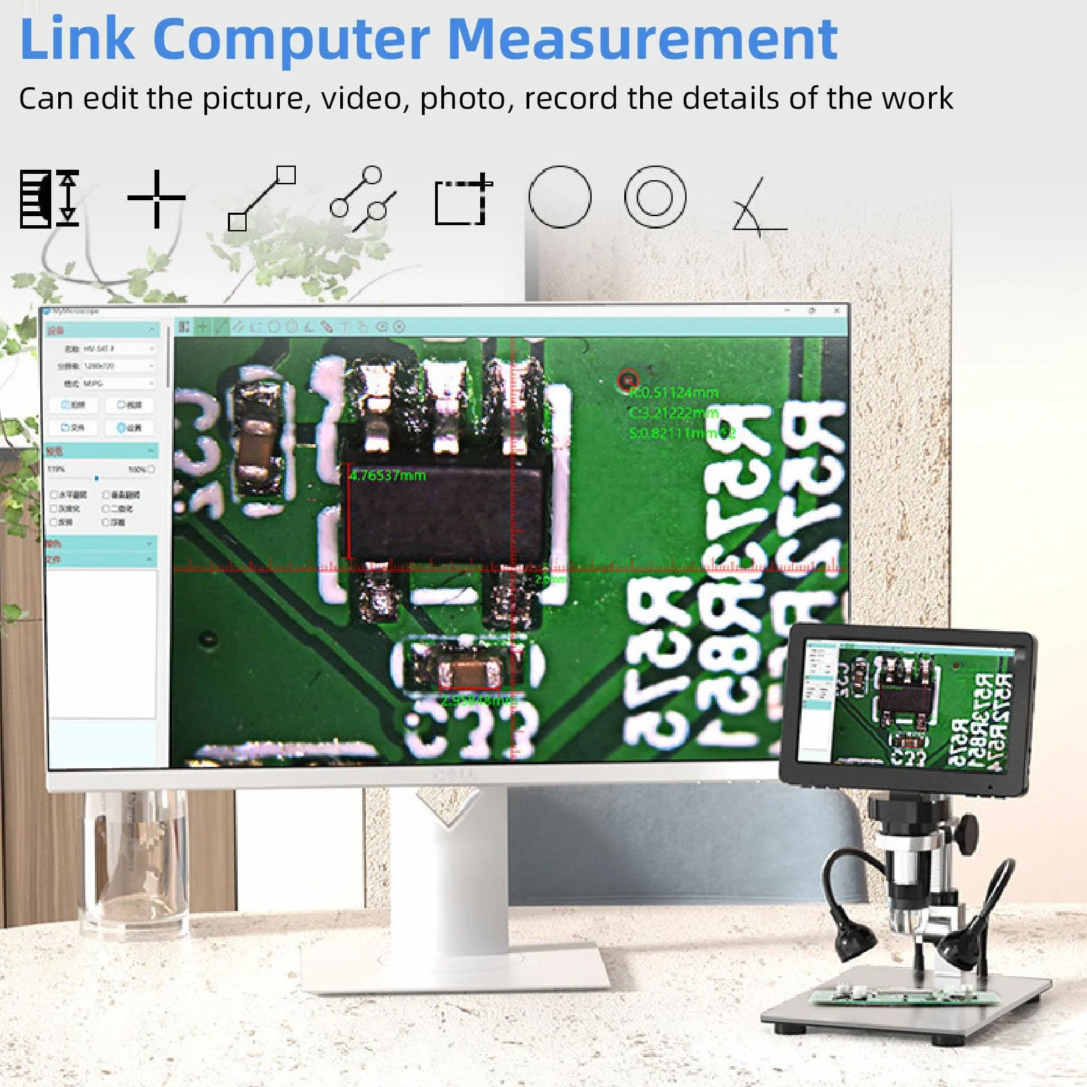 Mikroskop Cyfrowy, Minimikroskop o Wysokości Obrotowej 1200X1080P, 7-calowy Komputer Projekcyjny z Mikroskopem LCD z 2 Regulowanymi światłami Bocznymi i 8 Koralikami świetlnymi