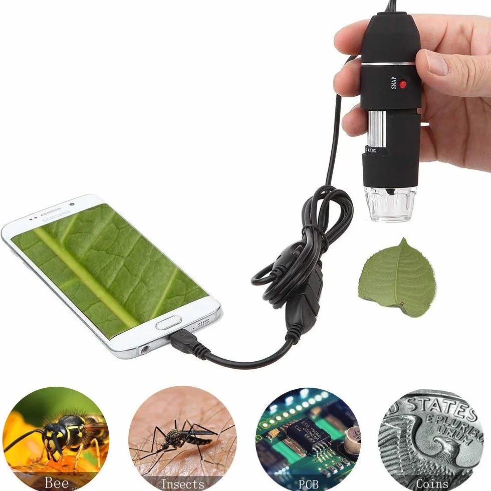 Jiusion Oryginalny mikroskop USB 40-1000X, z przenośną torbą, cyfrowe powiększenie, 8 diod LED, metalowa podstawa do Micro USB typu C, do systemów Android, Windows, Mac, Linux i Chrome