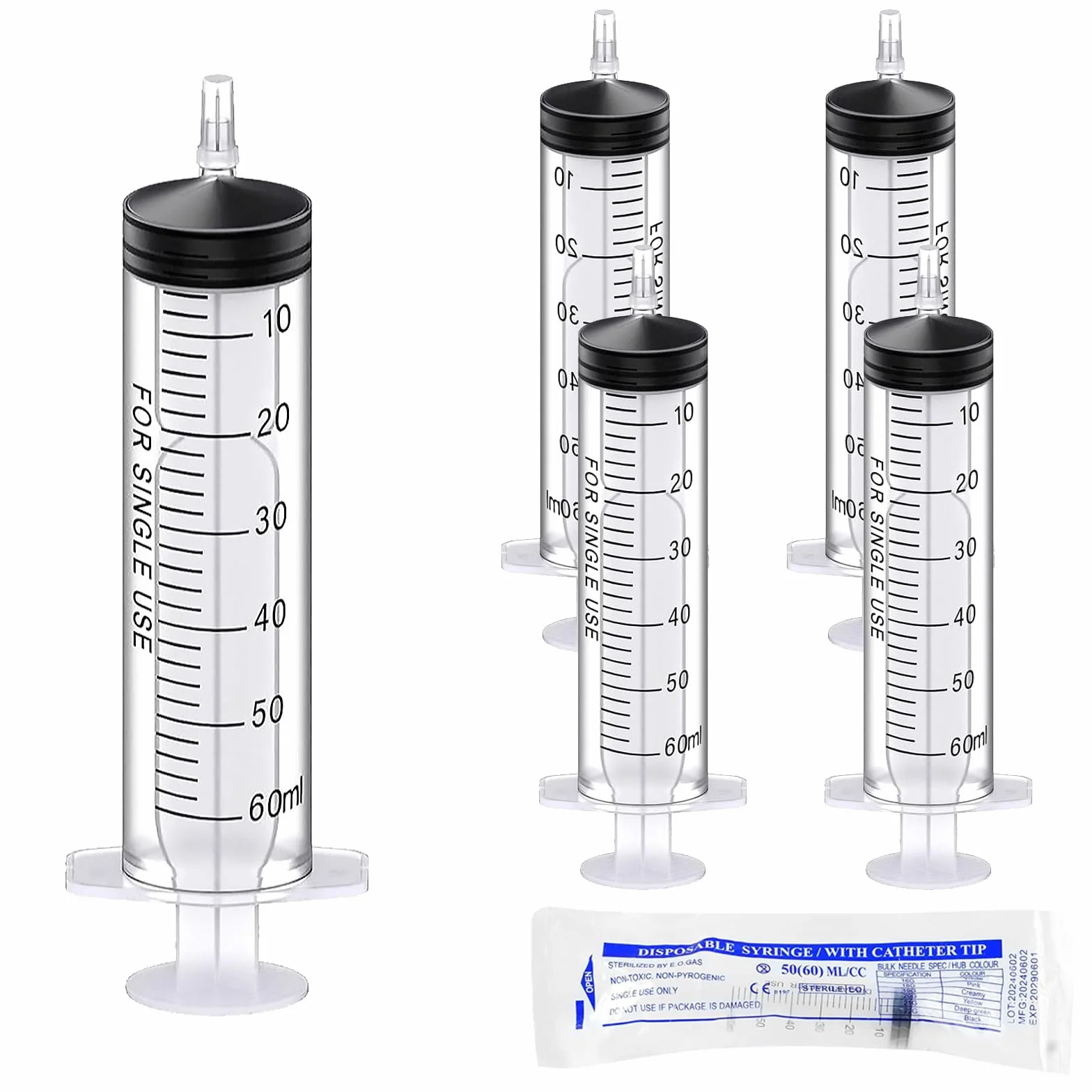 Strzykawka 50 ml, 5 sztuk, 60 ml, bez igły, plastikowa strzykawka z nasadkami, strzykawka dozująca, strzykawka dozująca, wielokrotnego użytku, do laboratorium, karmienia zwierząt, zastosowań