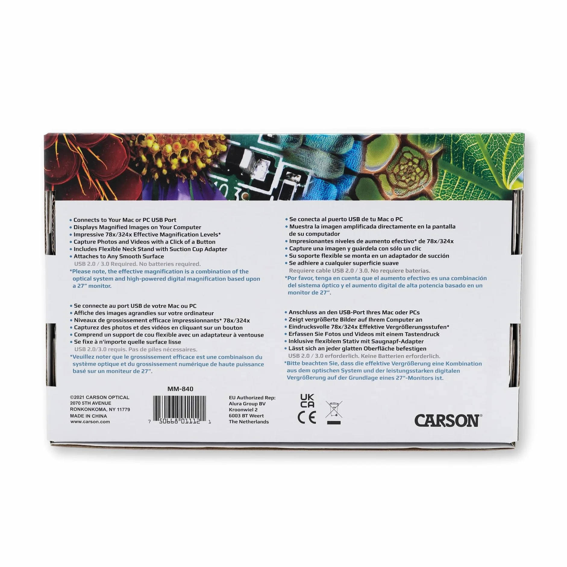 Carson MM-840 eFlex LED cyfrowy mikroskop USB z elastyczną podstawką i podstawą 75x/300x (oparty na monitorze 21″)