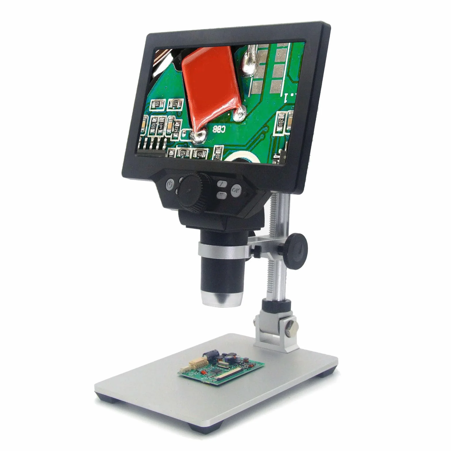 7-calowy Mikroskop Cyfrowy LCD, Powiększenie 1200X, Mikroskop Lutowniczy z Ogniskowaniem 12 MP, 8 Regulowanych Diod LED, Mikroskop 1080P do Lutowania Płytek Drukowanych na Monety