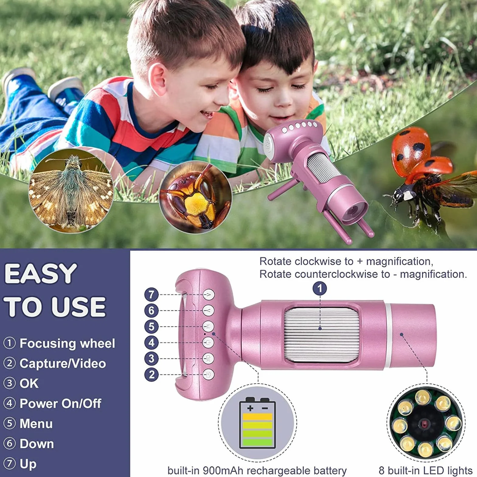 Ręczny Mikroskop z 2-calowym Ekranem dla Dzieci, Przenośny Mikroskop 40Mp 50X-300X z 8 Diodami LED, Regulowany Mikroskop Cyfrowy Mikroskop Kieszonkowy dla Dzieci dla Chłopców i