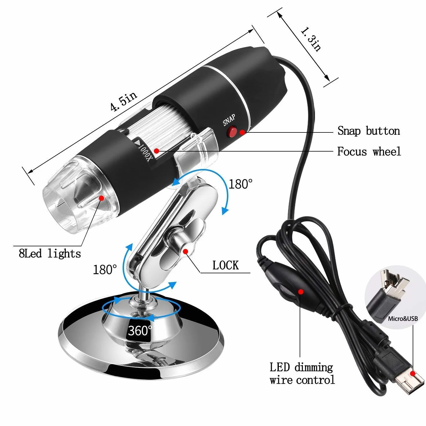 Jiusion Endoskop z powiększeniem od 40 do 1000x, 8 LED USB 2.0, mini kamera z adapterem OTG i metalowym stojakiem, kompatybilny z Mac Windows 7 8 10 11 Android Linux Chrome