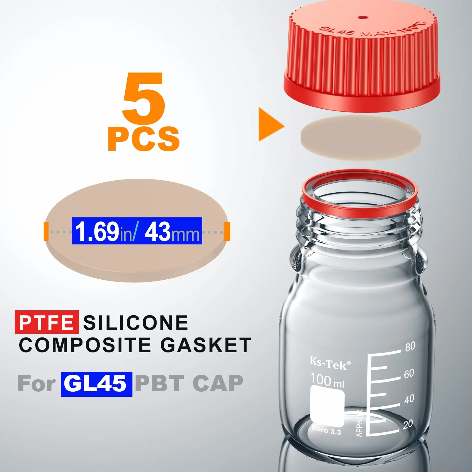 PTFE vs. Silikon Septa dla GL45 Open Top PBT śrubowy zatyczki, Śr. zewn.: 43mm, 5 sztuk (GL45 PTFE vs. Silikon Septa)