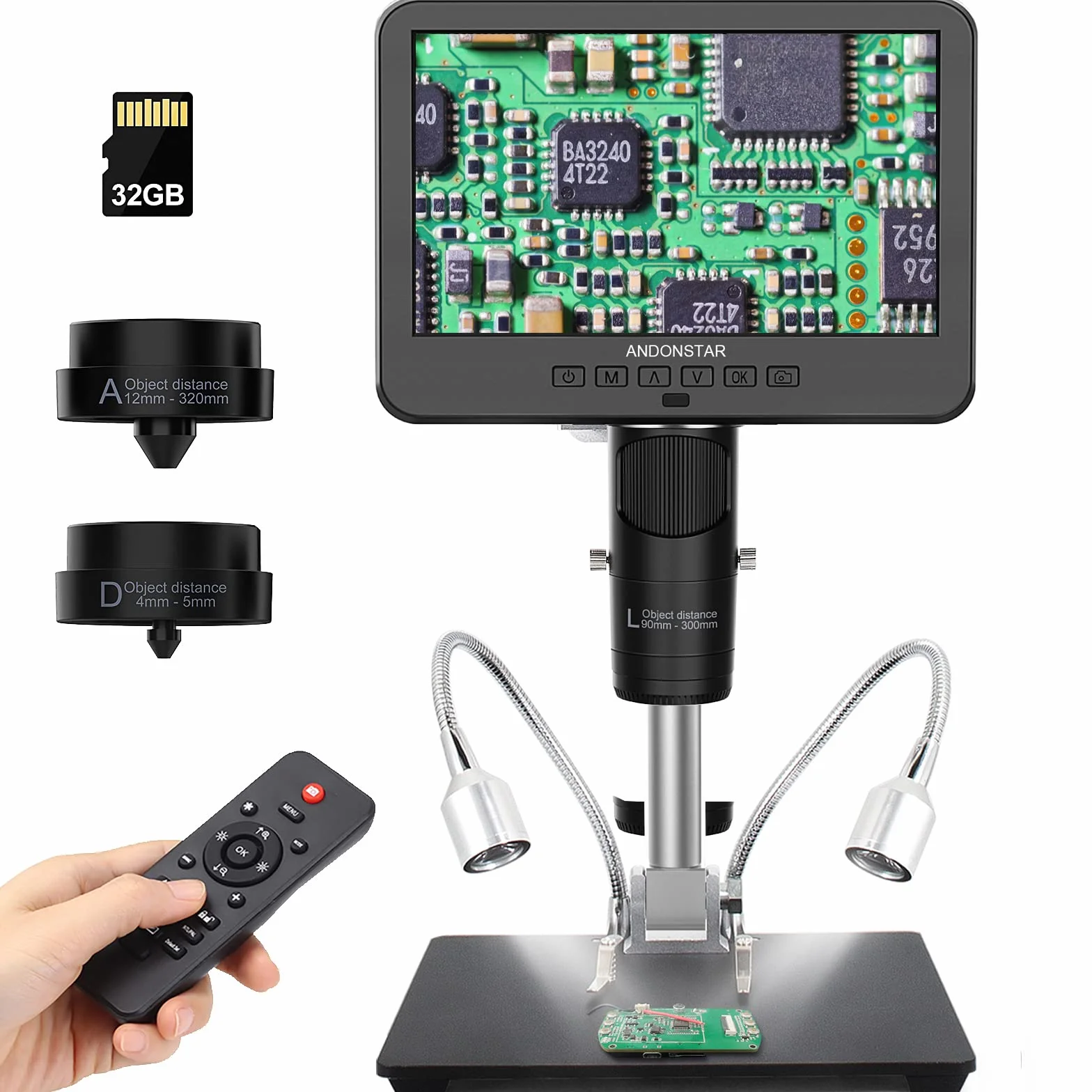 Andonstar AD246S mikroskop cyfrowy HDMI 2000x dla dorosłych, 3 soczewki 2160P UHD, 7-calowy mikroskop lutowniczy LCD, mikroskop monetowy, zestaw mikroskopu biologicznego z kartą 32 GB, kompatybilny z systemem Windows