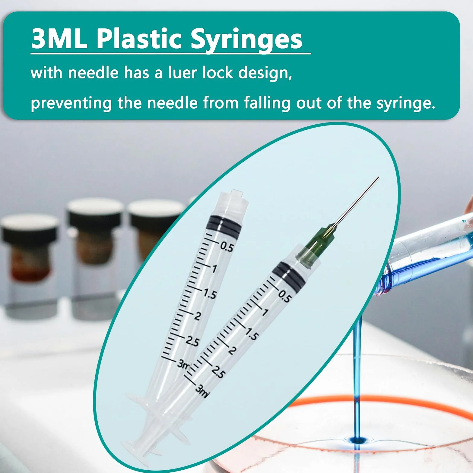 Strzykawka z tępą końcówką igły, 3 ml, 24 sztuki, plastikowa strzykawka z tępą końcówką, jednorazowe strzykawki z igłą, rozmiary do laboratorium, zastosowań przemysłowych