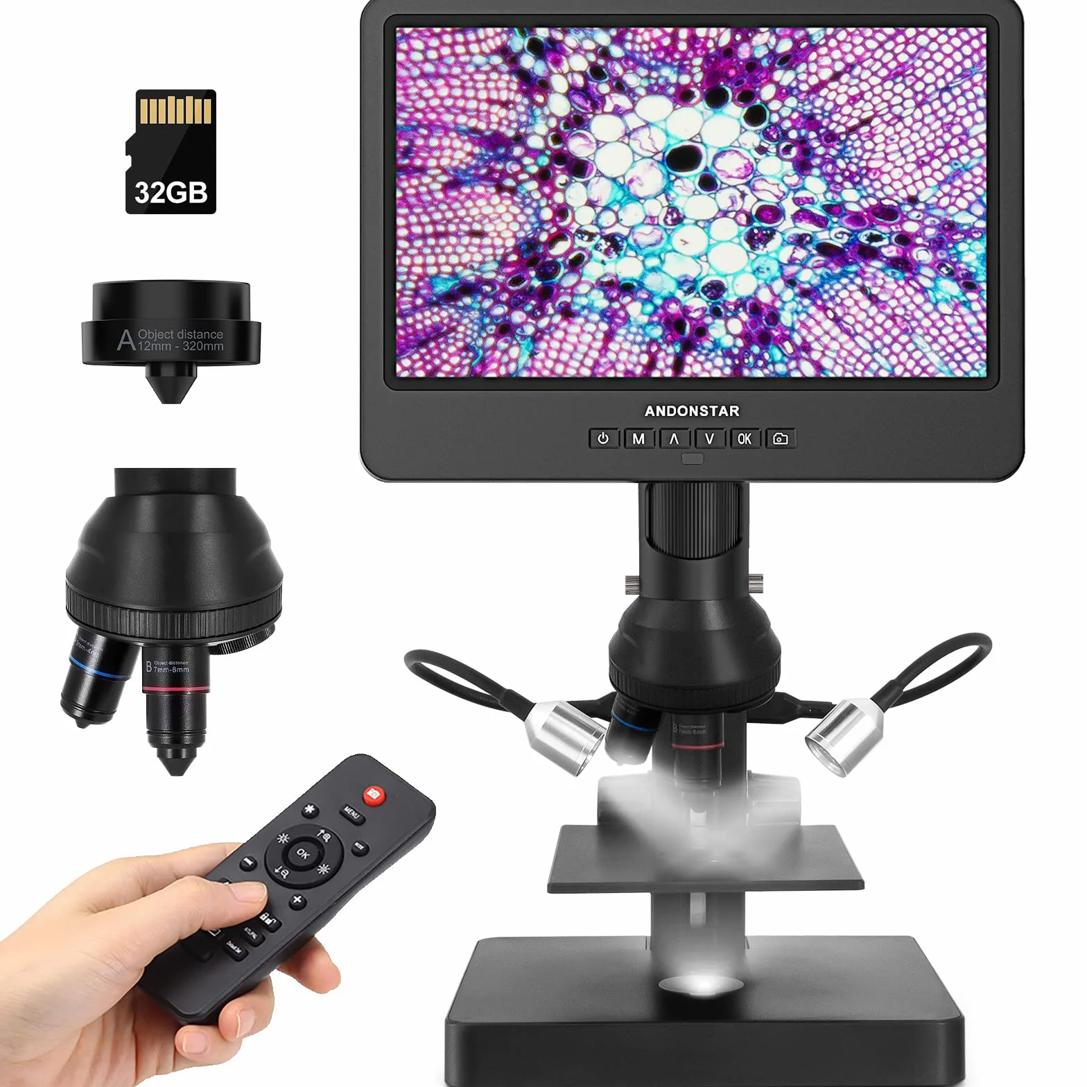 Andonstar AD249S-P Mikroskop cyfrowy HDMI 10,1 cala, obiektyw 4000 x 3 2160P UHD, zestaw mikroskopu biologicznego dla dorosłych, mikroskop monetowy do monet błędów, przygotowane slajdy, karta SD 32 G