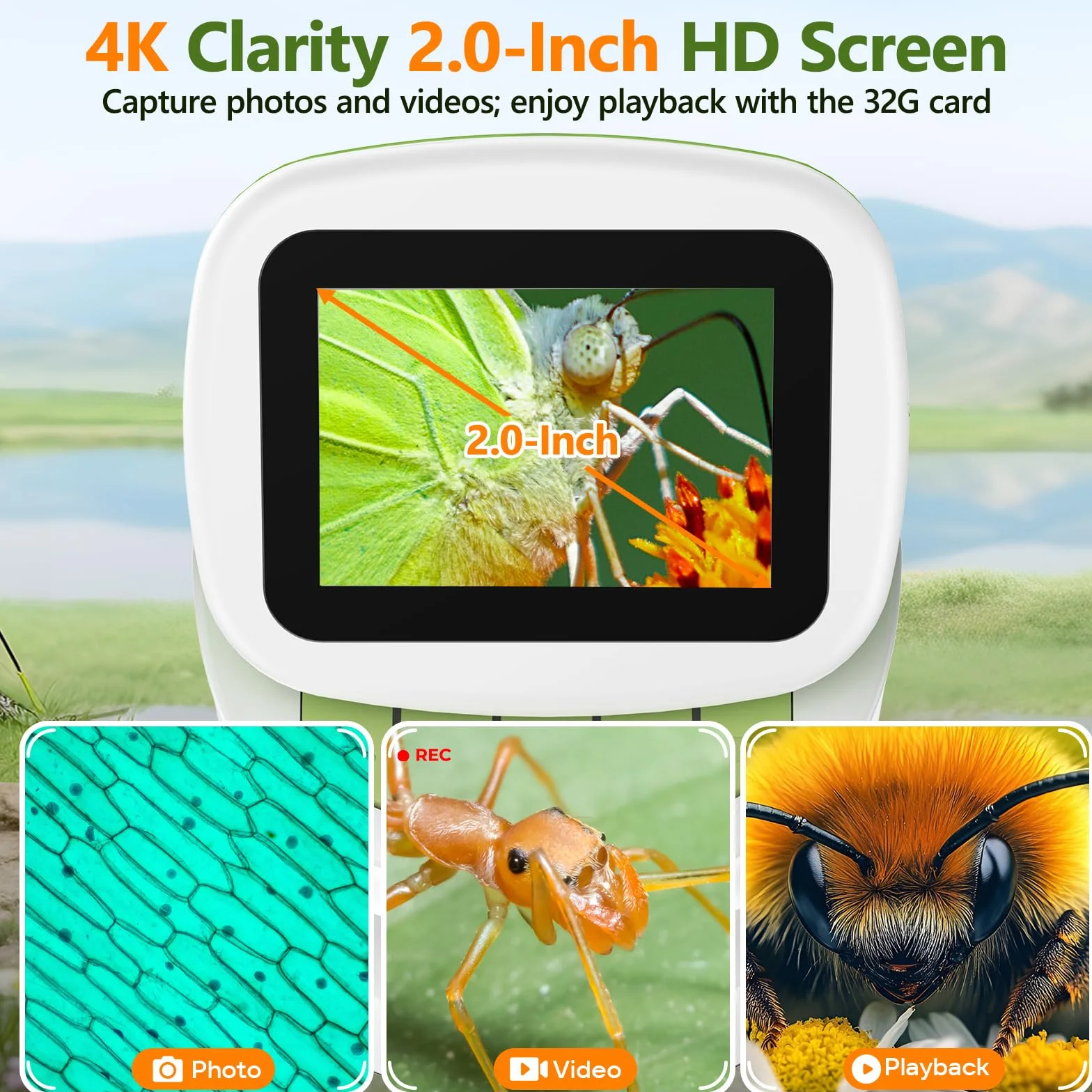Ręczny mini mikroskop dla dzieci ze stojakiem - ekran 2.0" 4K 1000X cyfrowy kieszonkowy przenośny miniskop zestaw naukowy dla chłopców i dziewcząt 4-12 z zestawem preparatów etui EVA karta 32G