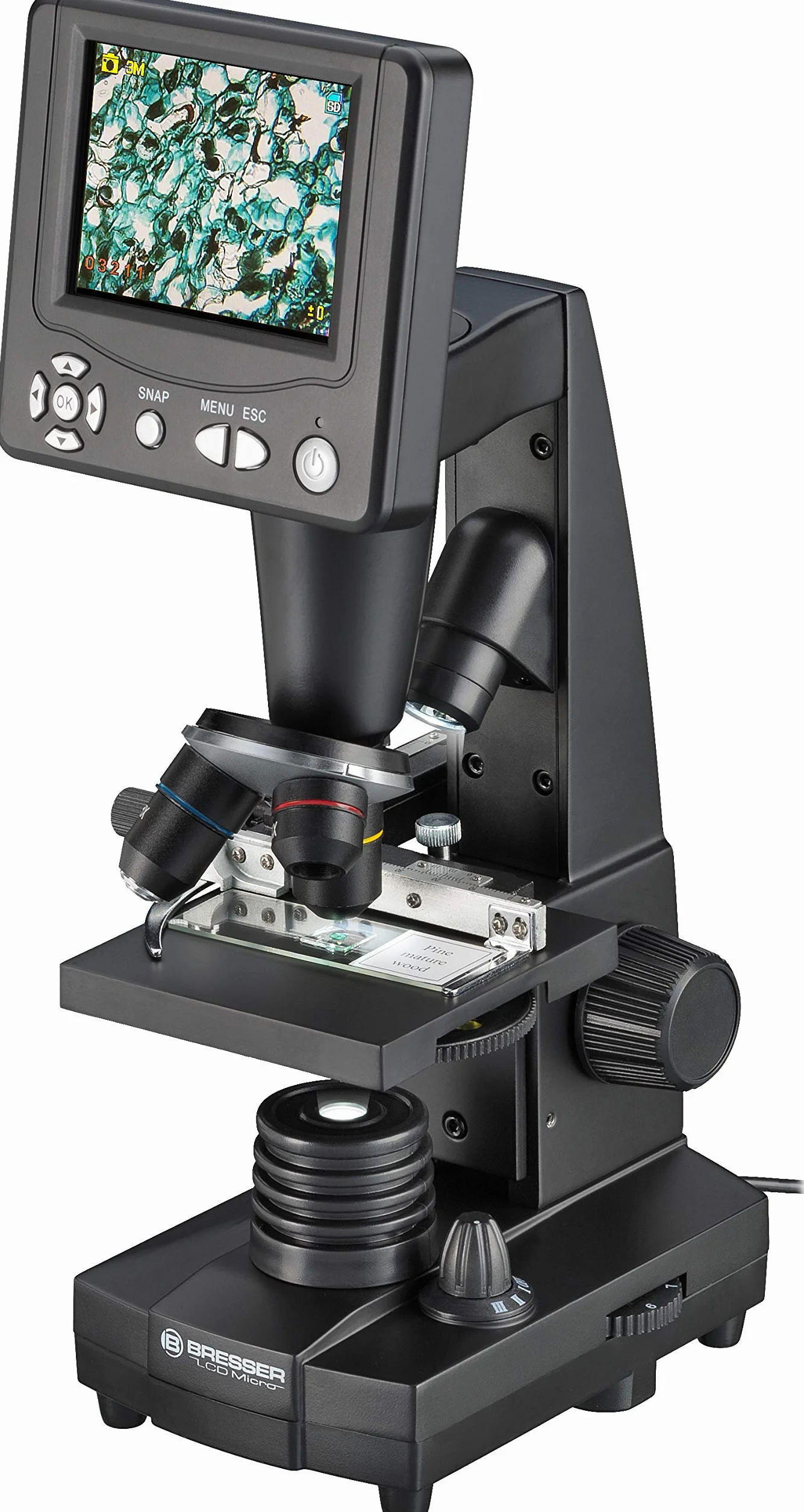 Bresser mikroskop LCD 50x-500x, (2000x cyfrowy), czujnik 5-megapikselowy i 8,9 cm (3,5"), w zestawie stolik krzyżowy do regulacji obiektu, złącze kart SD i liczne akcesoria