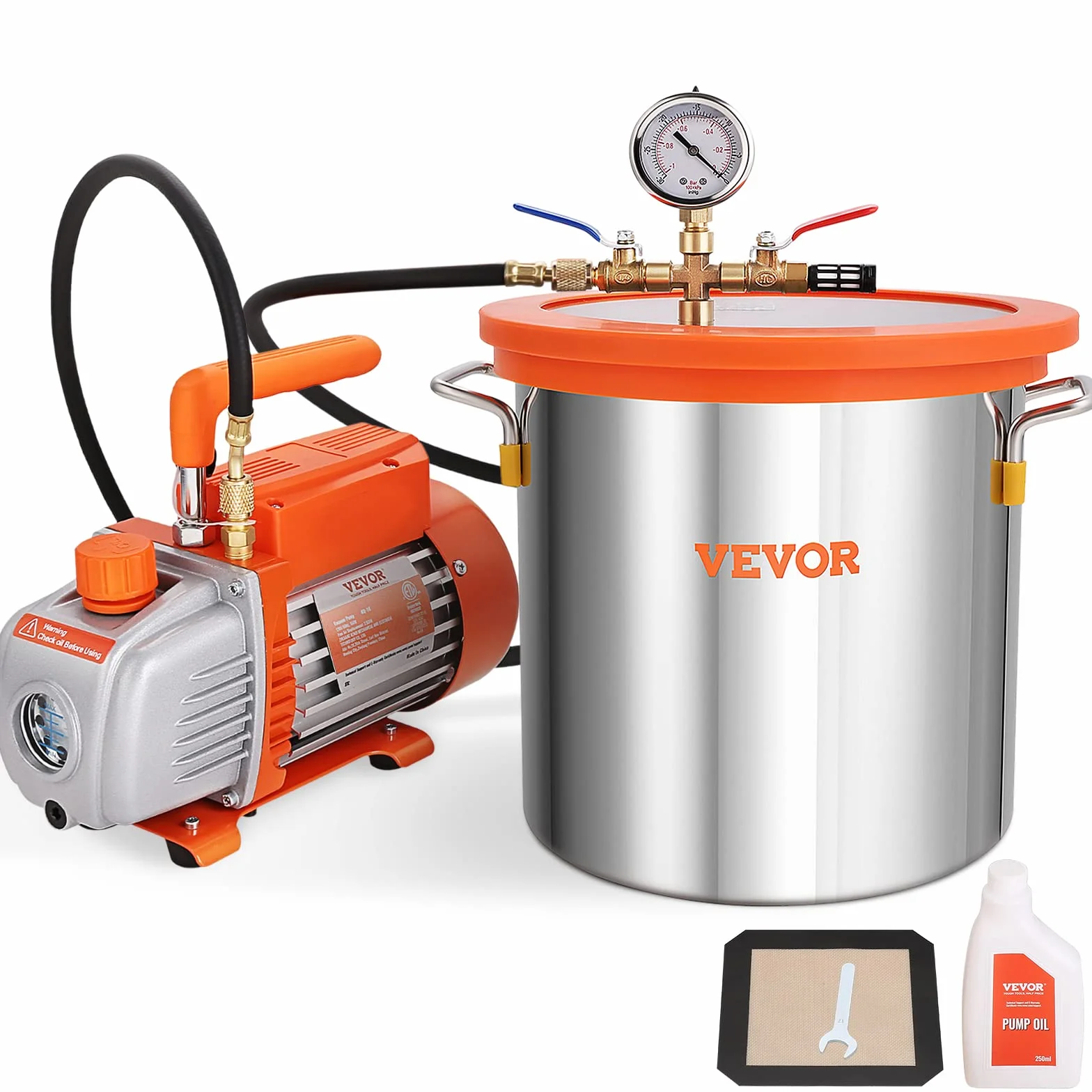 VEVOR Pompa próżniowa 100 l/min z komorą próżniową 3 galony 11 l pokrywa ze szkła hartowanego jednopoziomowa pompa próżniowa z butelką oleju 250 ml do stabilizacji drewna, odgazowywania silikonów