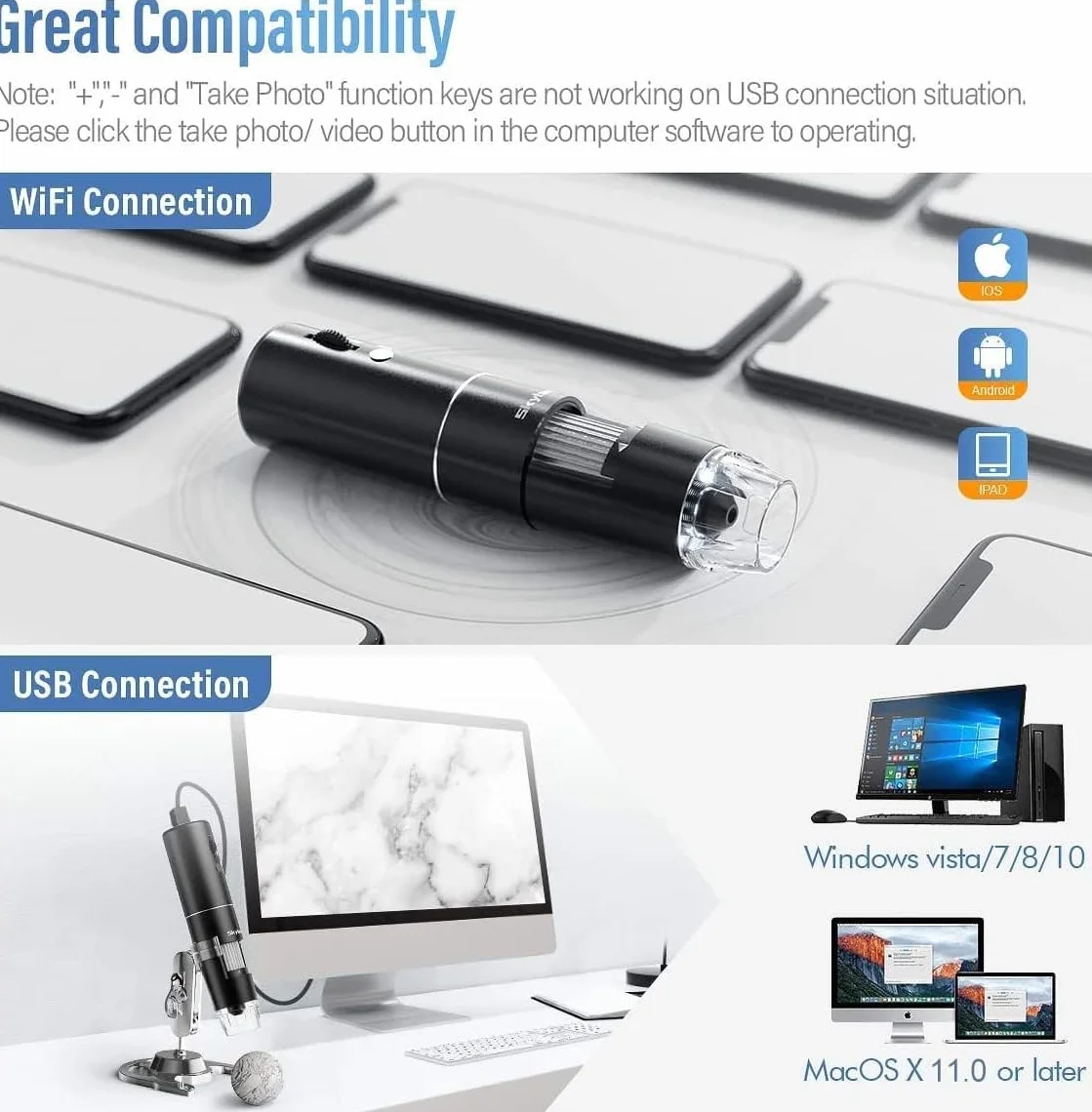 Bezprzewodowy mikroskop cyfrowy Skybasic 50X-1000X WiFi ręczny zoom powiększający 1080P FHD 2.0 MP 8 LED kompatybilny ze smartfonami i tabletami Android i iOS Windows Mac