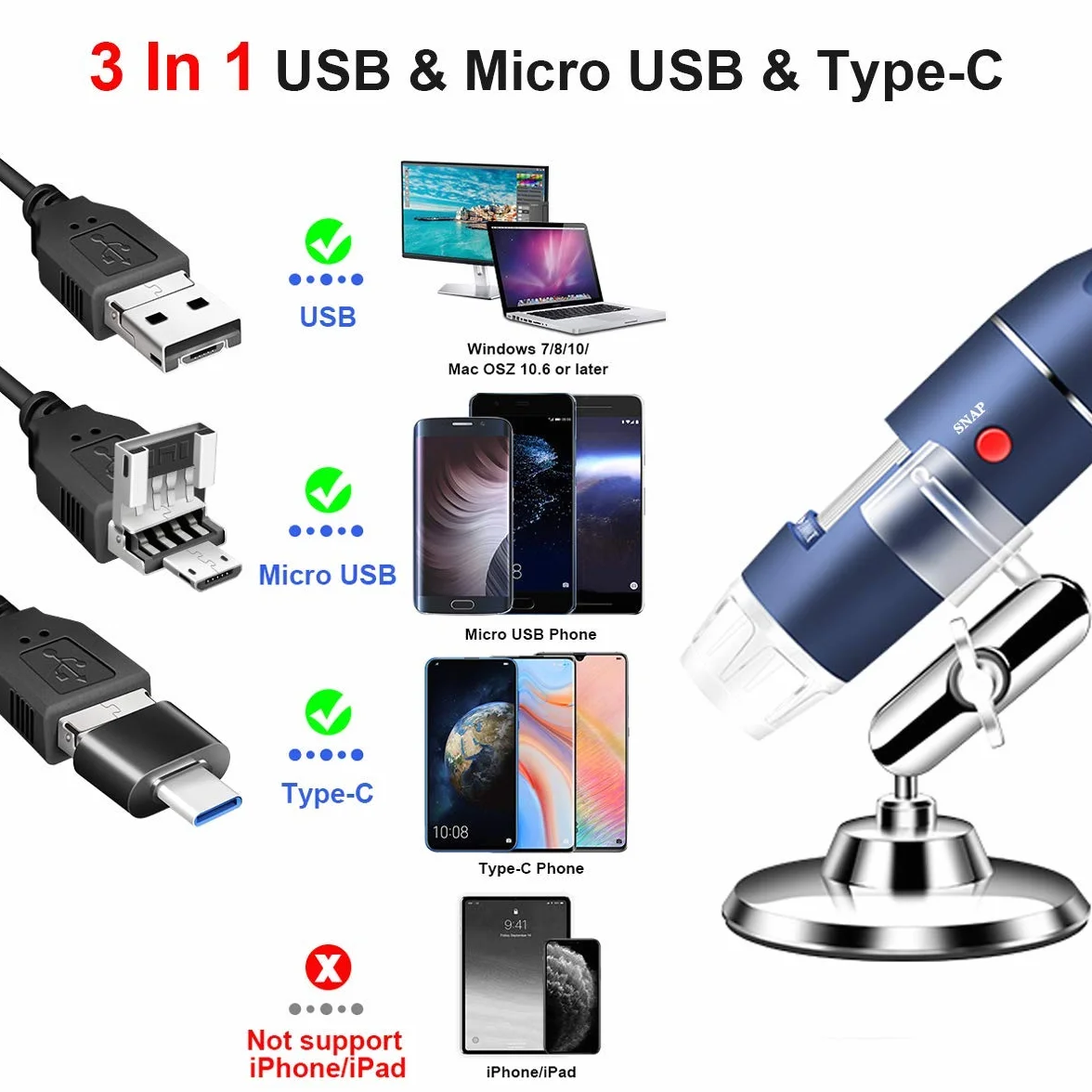 2560 x 1440P 2K USB mikroskop aparat do Android Windows Linux Mac, 40 X do 1000X mikroskop cyfrowy ze stojakiem i torbą do przenoszenia, przenośny mikroskop na monety dla dorosłych dzieci