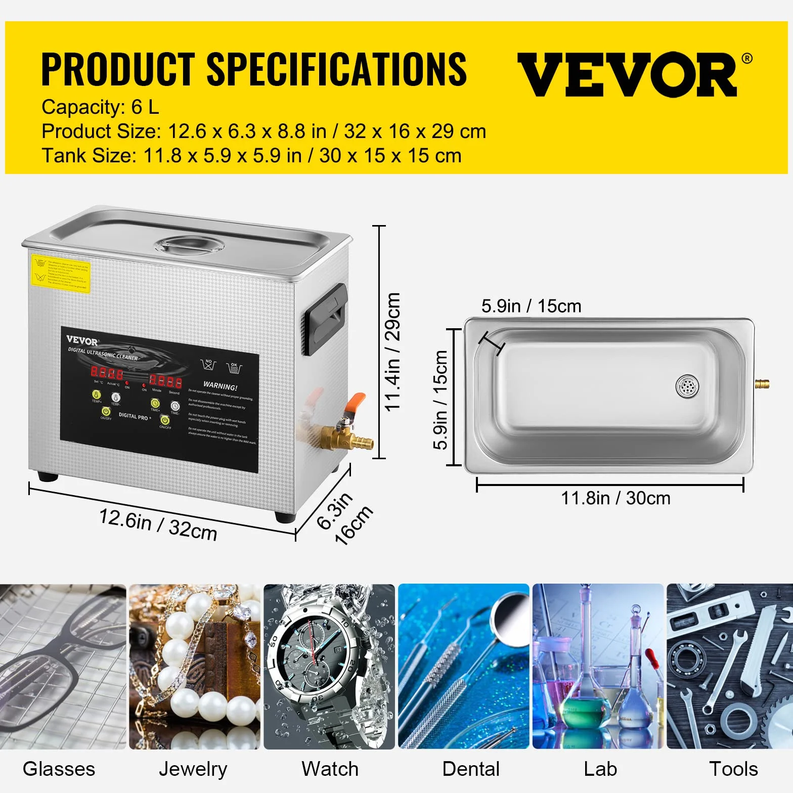 VEVOR Ulepszony środek czyszczący ultradźwiękowy 6 l (grzejnik ultradźwiękowy 200 W 180 W) Cyfrowy laboratoryjny ultradźwiękowy odkurzacz części z zegarem do czyszczenia narzędzi jubilerskich