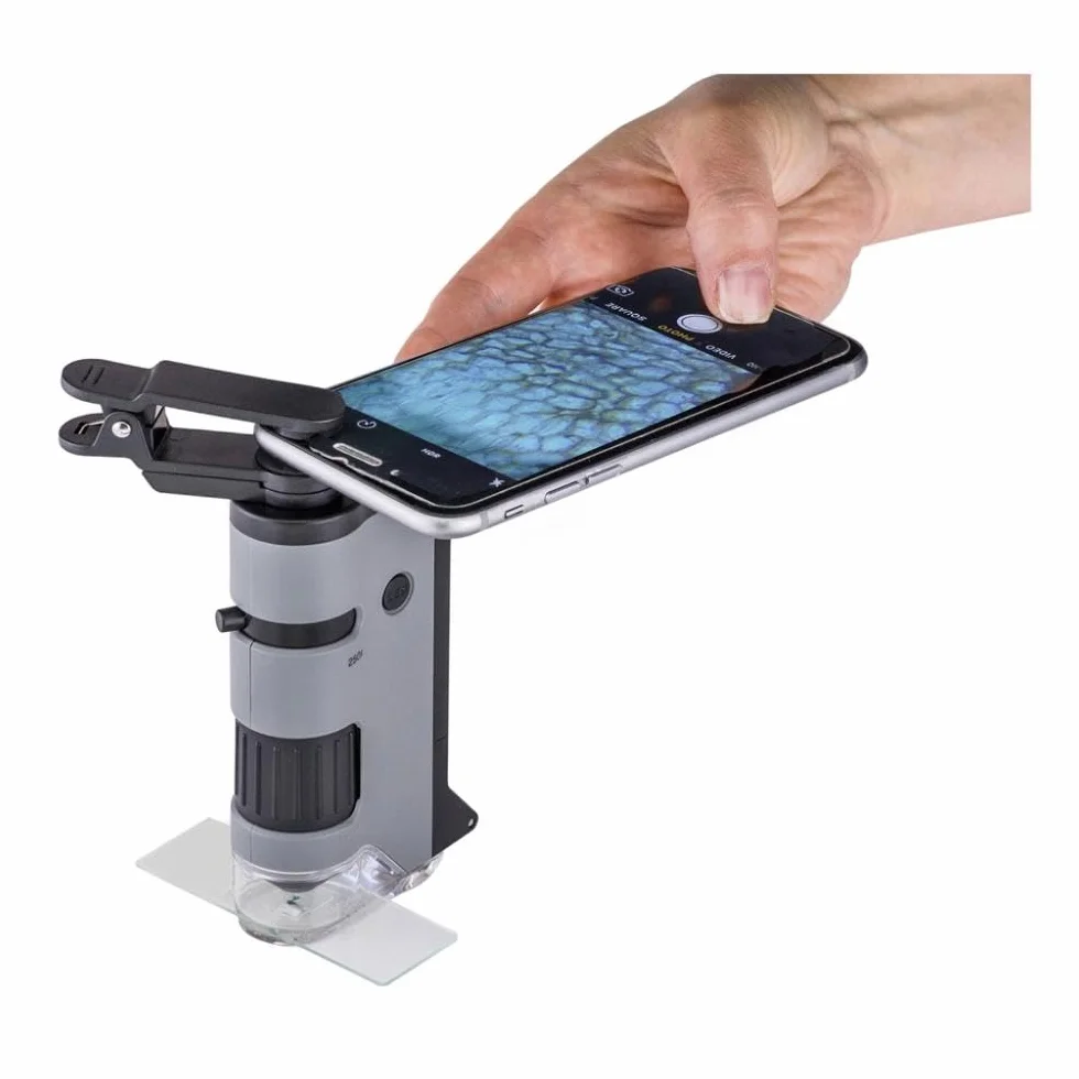Kieszonkowy mikroskop Carson MicroFlip 100-250x LED UV o dużej mocy, z adapterem do smartfona i klipsem do digiscopingu - STEM Education (MP-250)