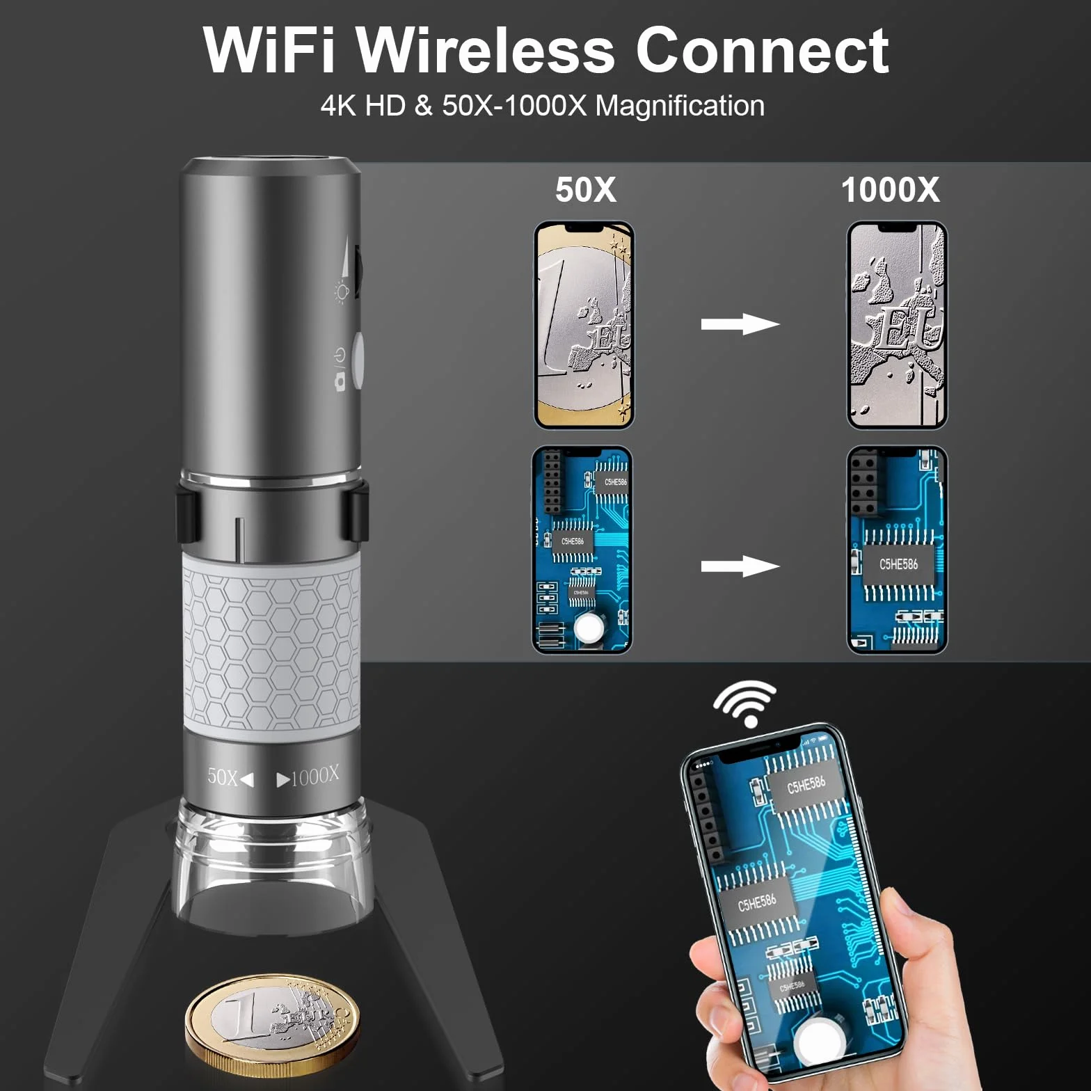 Bezprzewodowy mikroskop cyfrowy 4K HD Wi-Fi mikroskop kamera cyfrowa lupa kompatybilna z telefonami iPhone/Android i PC