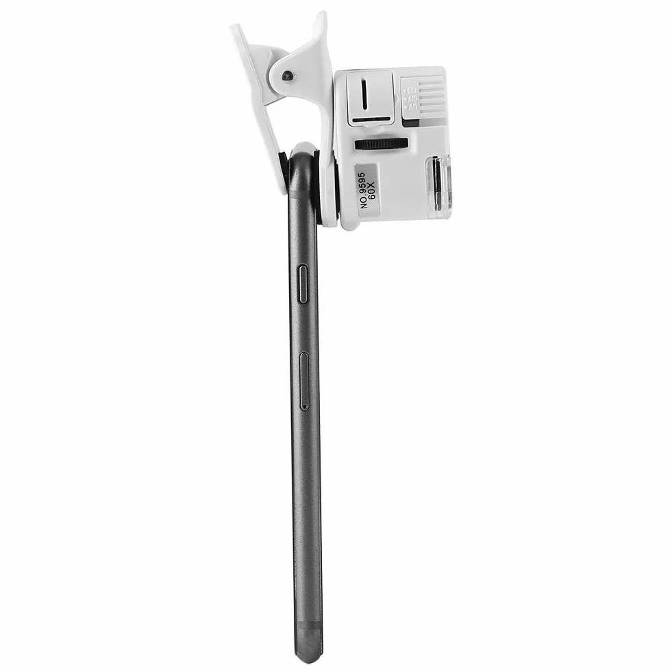 Mikroskop na telefon komórkowy z klipsem, światło UV, mini klips do telefonu komórkowego 9595 W, 60 x mini mikroskop do wykrywania walut, biżuterii i oceny antyków