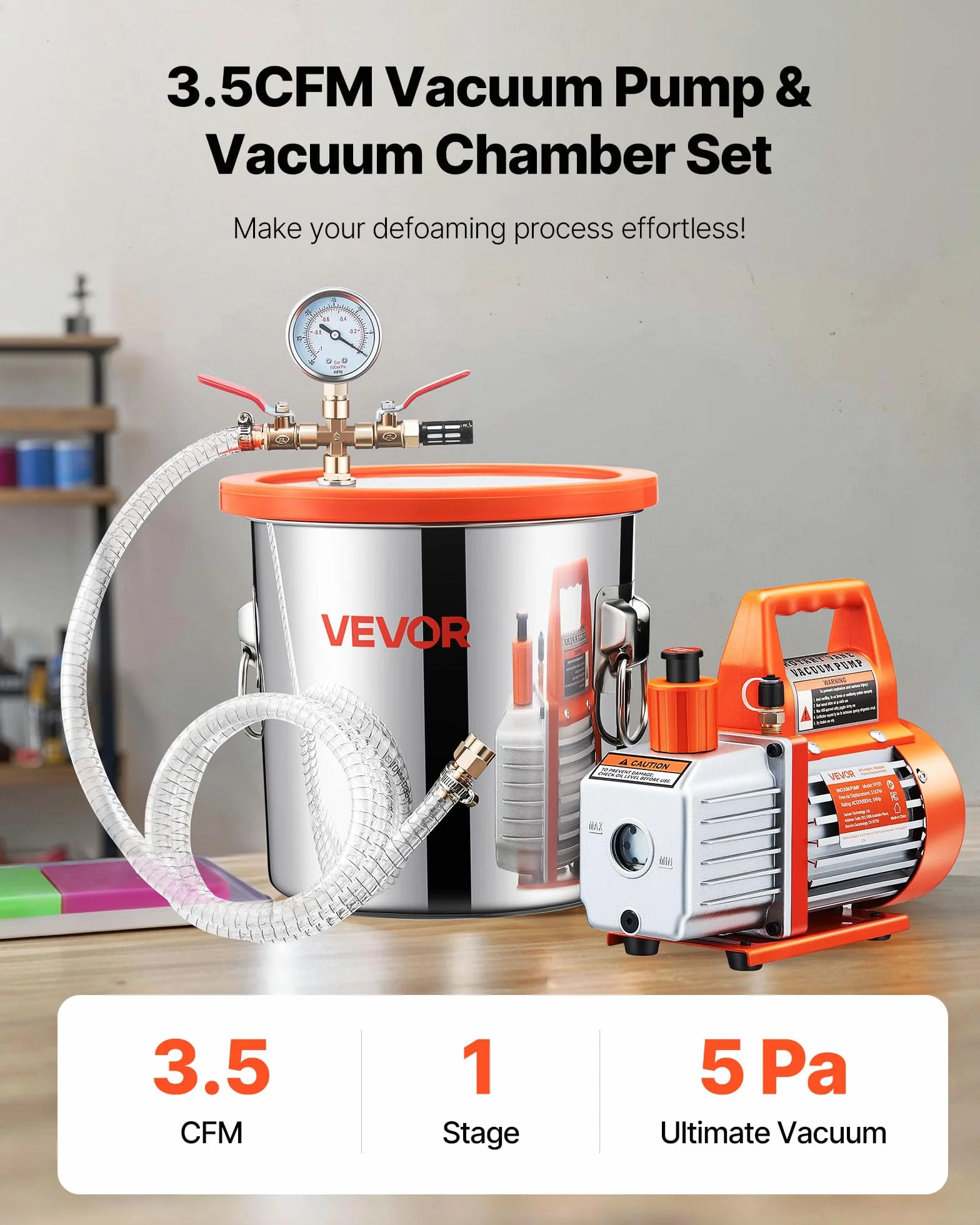 VEVOR Zestaw pompy próżniowej 110 l/min, zestaw komory odgazowującej 11,36 l, jednostopniowa pompa próżniowa, pokrywa ze szkła hartowanego, rura 1,5 m, do stabilizacji żywicy silikonowej do