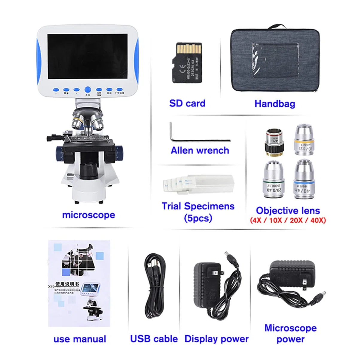 Mikroskop cyfrowy, Biologiczna mikroskop laboratoryjna, 7-calowy LCD Digital HD Conformal Conformator Gospodarowania ZOOM 2000X USB LED + Torba + Karta SD może przechowywać filmy i zdjęcia