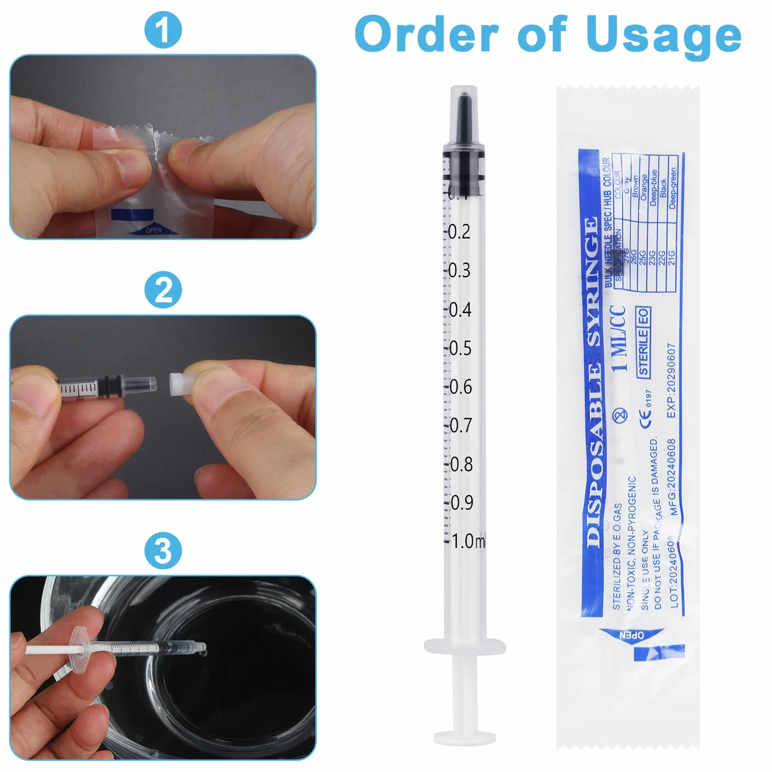60 sztuk strzykawek 1 ml, strzykawka z siarą z nasadką, plastikowa strzykawka, strzykawka dozująca, 1 ml, do pomiaru płynów, eksperymentów, karmienia zwierząt domowych (bez igły)