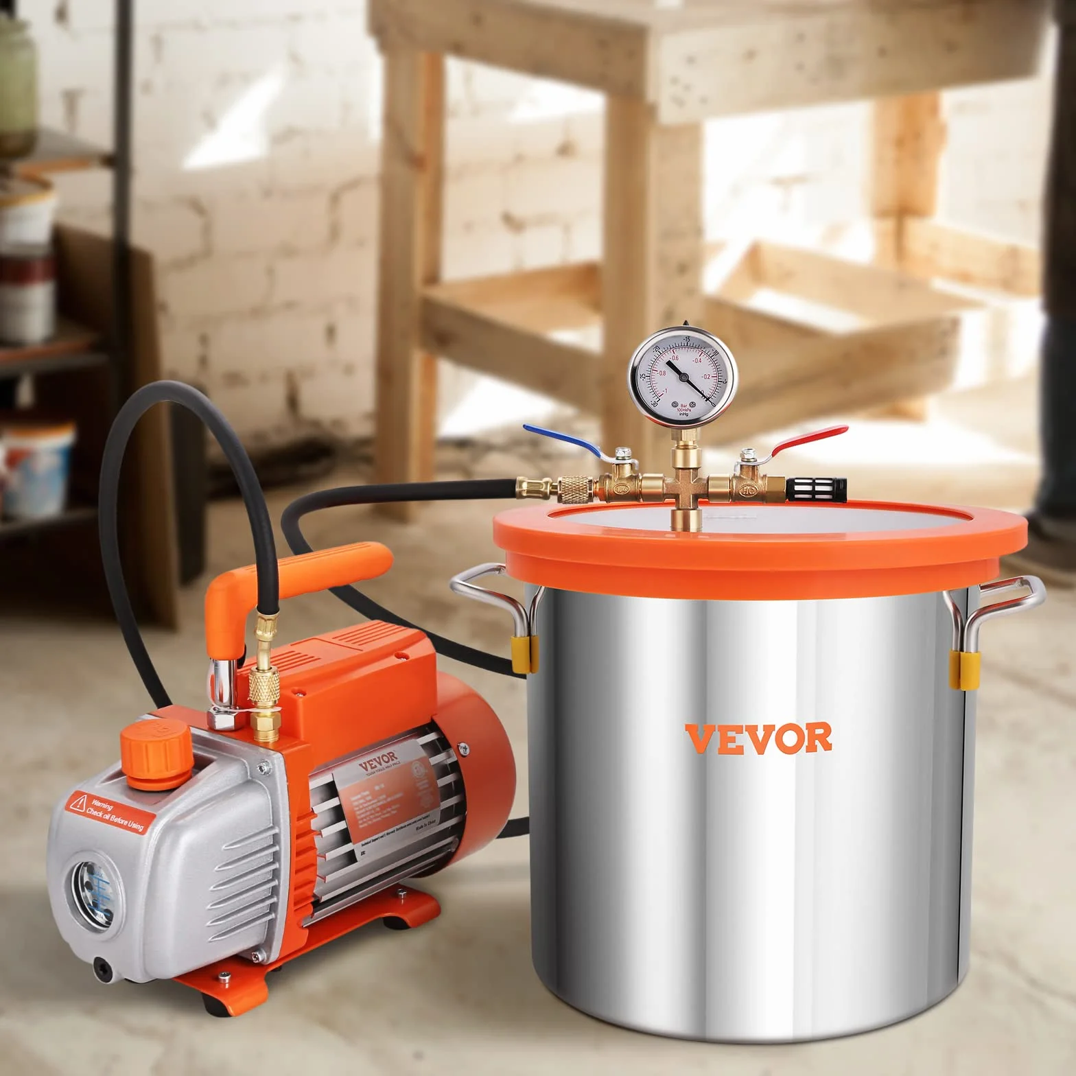 VEVOR Pompa próżniowa 100 l/min z komorą próżniową 3 galony 11 l pokrywa ze szkła hartowanego jednopoziomowa pompa próżniowa z butelką oleju 250 ml do stabilizacji drewna, odgazowywania silikonów