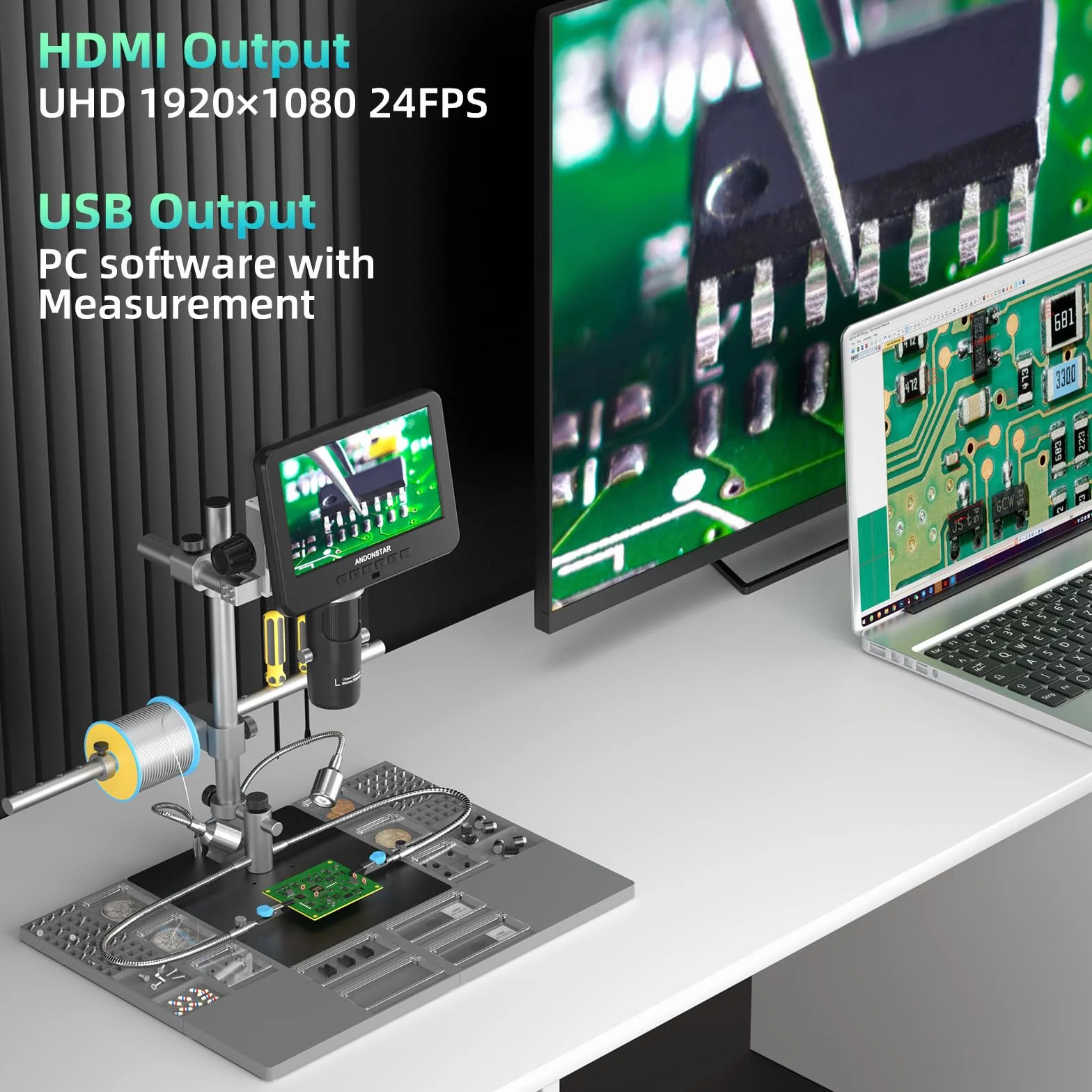 Andonstar AD246S-M Plus 7" HDMI Cyfrowy mikroskop do naprawy elektronicznej, 2000 x 3 soczewki 2160P UHD Video Record, stacja lutownicza z pomocnikami rąk, do monet