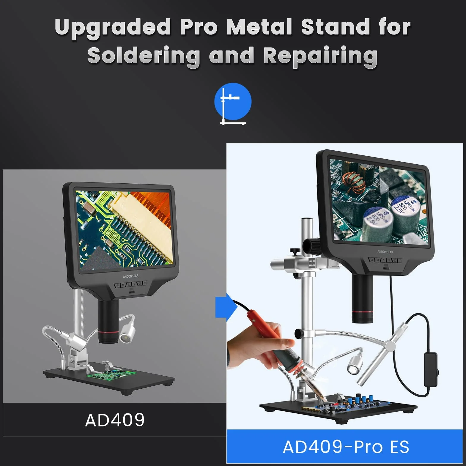 Andonstar AD409 Pro HDMI Cyfrowy Mikroskop z Endoskopem, 10.1 Calowy Ekran LCD, 300X USB Elektroniczny do Lutowania PCB, Obsługuje PC z Systemem Windows
