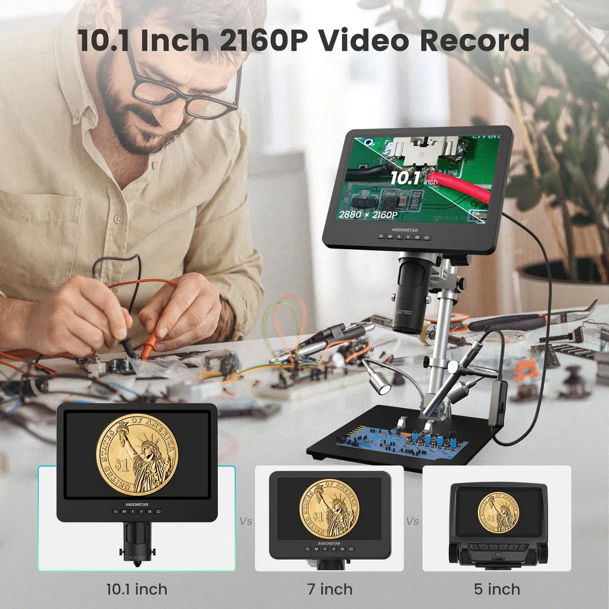 Andonstar AD249S-M 3-obiektywowy mikroskop cyfrowy HDMI z endoskopem, nagrywanie wideo 2160P UHD, wyświetlacz LCD 10,1 cala, mikroskop biologiczny do lutowania i monet, kompatybilny z systemem Windows