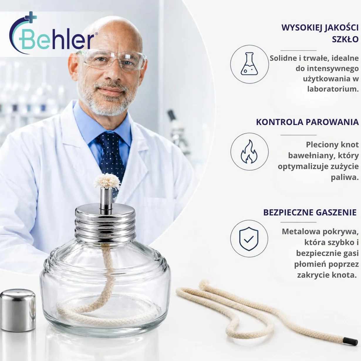 Behler Lampa Palnika na Alkohol szklany z systemem zabezpieczającym przed rozlaniem. Zawiera knot, poj. 120ml. Zakręcany palnik alkoholowy do ogrzewania sprzętu laboratoryjnego.